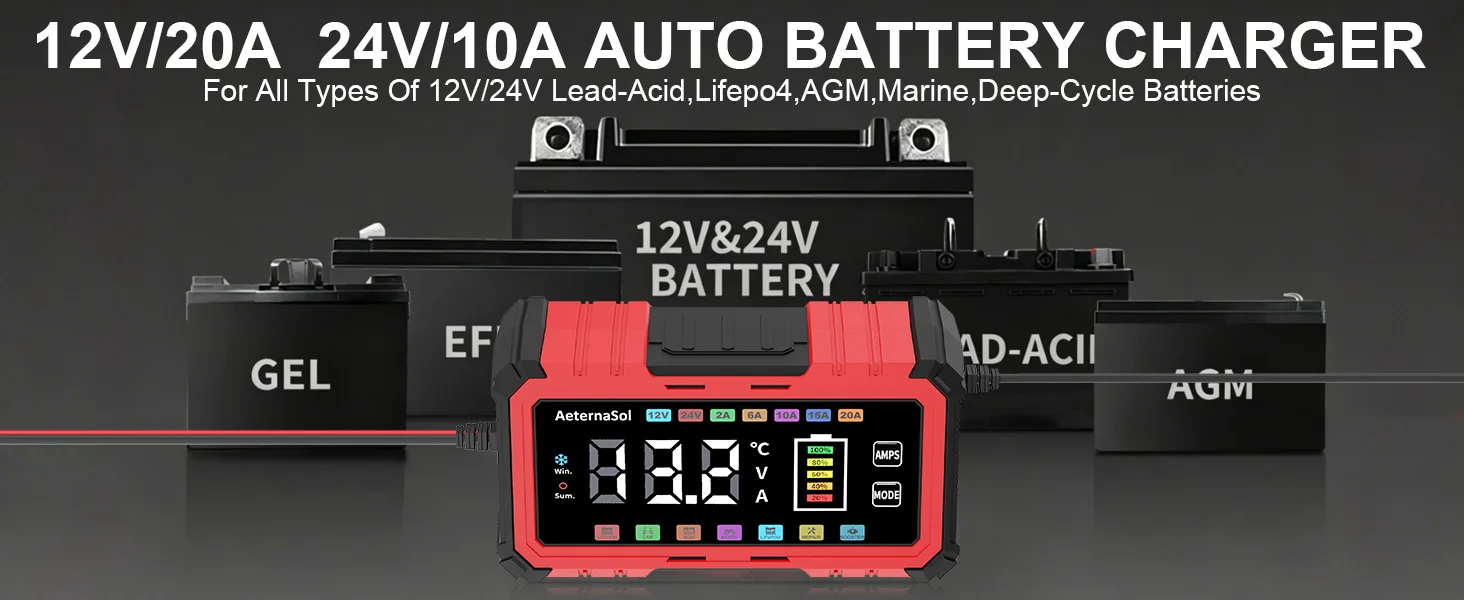 AeternaSol 12V 20A Heavy Duty Smart Trickle Charger Intelligent Pulse Repair Desulfator Battery Maintainer For Automotive Marine RV Tractor Lead Acid Lithium Batteries Full Auto Multi Stage Charging