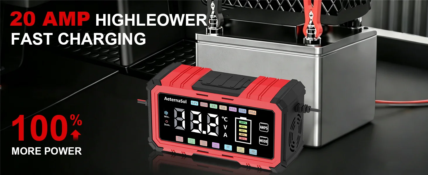 AeternaSol 12V 20A Heavy Duty Smart Trickle Charger Intelligent Pulse Repair Desulfator Battery Maintainer For Automotive Marine RV Tractor Lead Acid Lithium Batteries Full Auto Multi Stage Charging