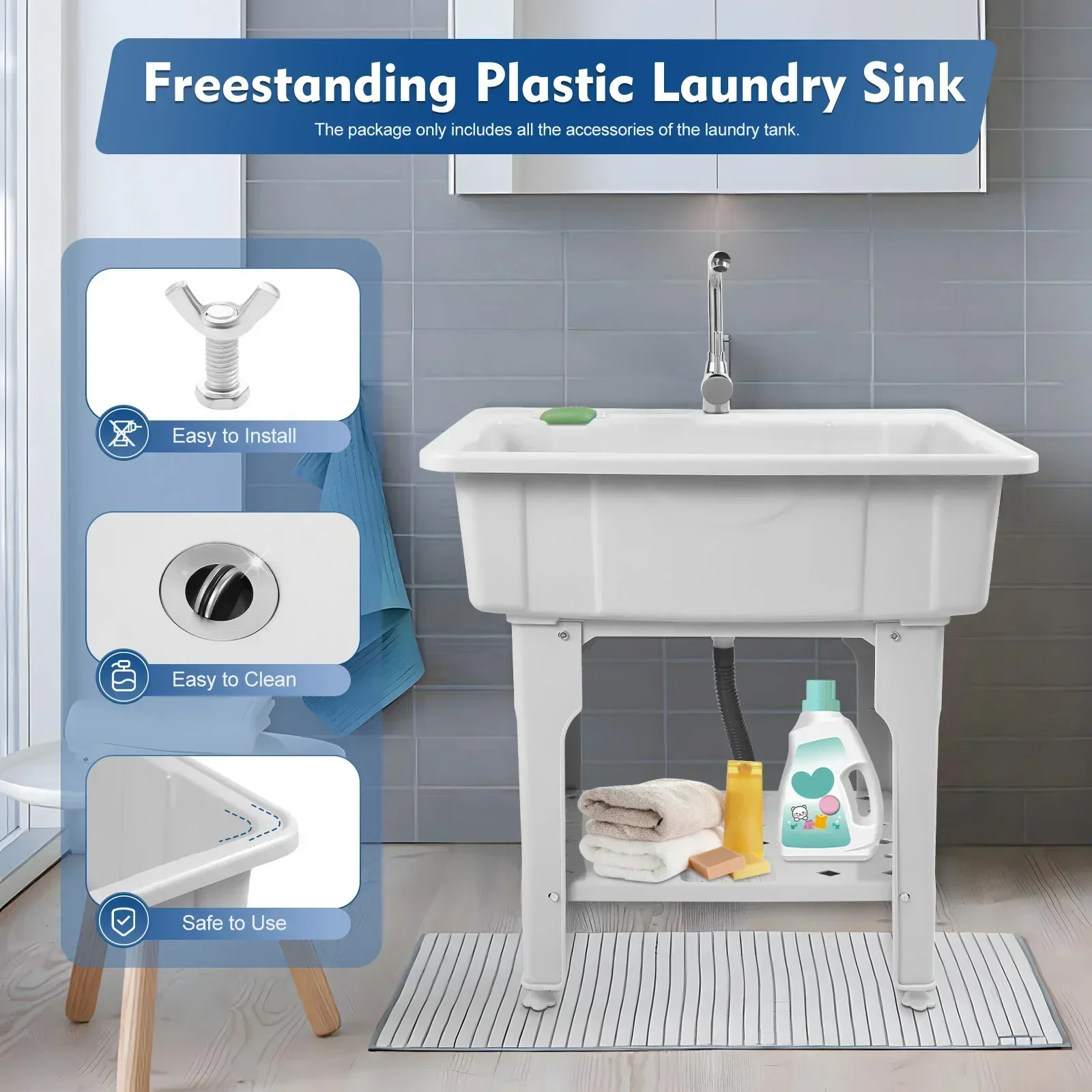 BYMAOCAR Multifunctional Freestanding PP Utility Laundry Sink with Hot & Cold Water Faucet, Indoor Outdoor Heavy Duty Wash Tub Station