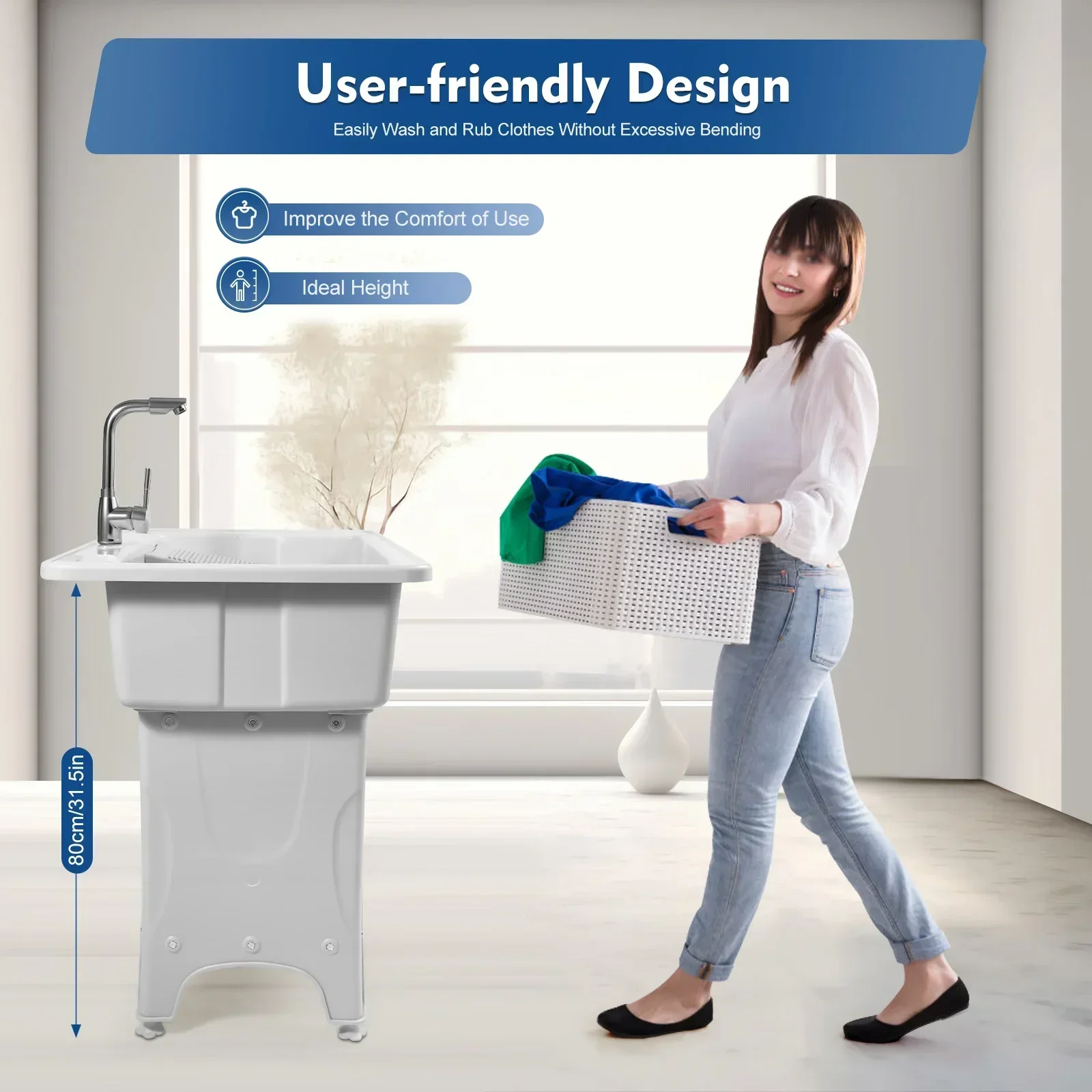 BYMAOCAR Multifunctional Freestanding PP Utility Laundry Sink with Hot & Cold Water Faucet, Indoor Outdoor Heavy Duty Wash Tub Station