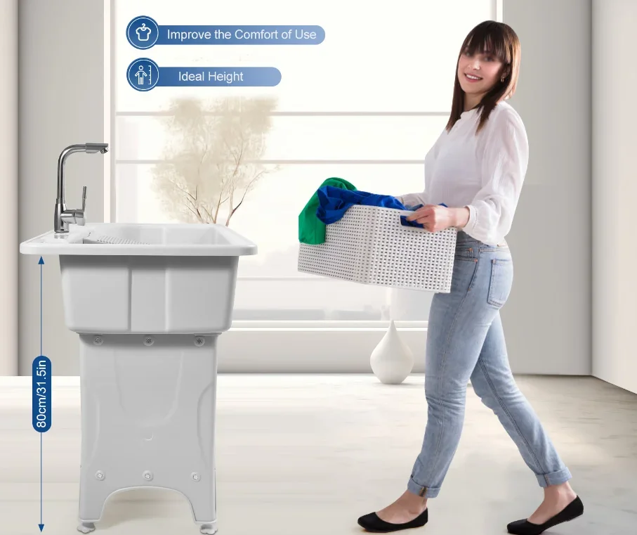 BYMAOCAR Multifunctional Freestanding PP Utility Laundry Sink with Hot & Cold Water Faucet, Indoor Outdoor Heavy Duty Wash Tub Station