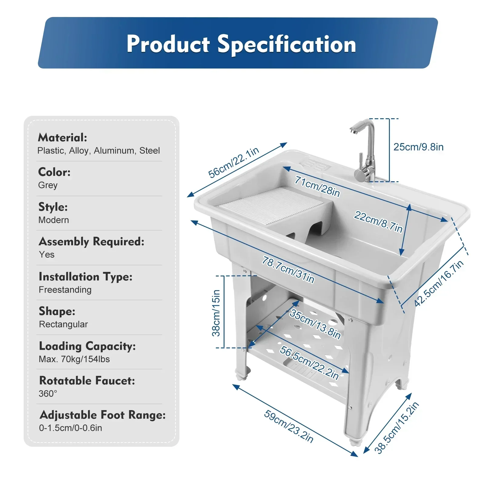 BYMAOCAR Multifunctional Freestanding PP Utility Laundry Sink with Hot & Cold Water Faucet, Indoor Outdoor Heavy Duty Wash Tub Station