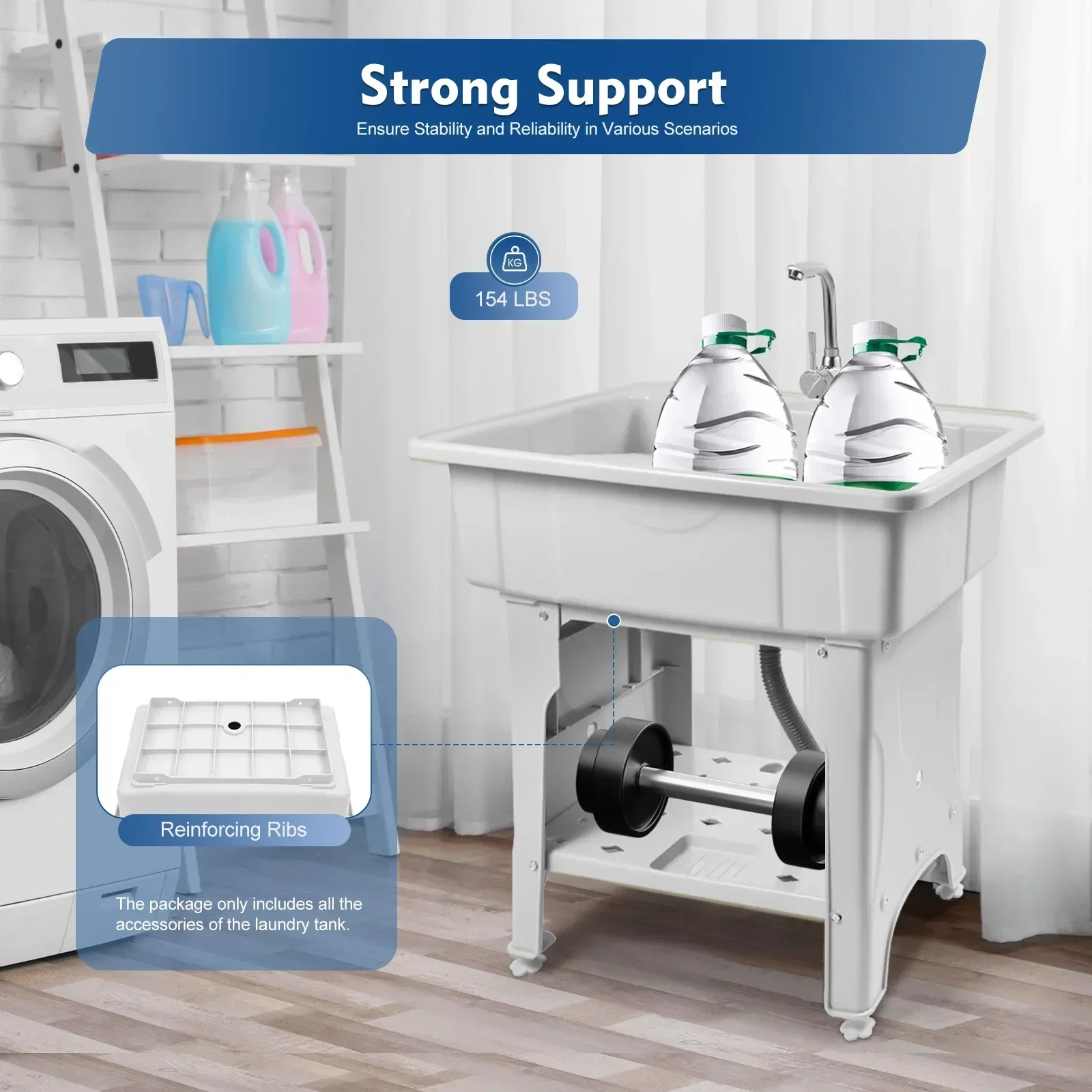 BYMAOCAR Multifunctional Freestanding PP Utility Laundry Sink with Hot & Cold Water Faucet, Indoor Outdoor Heavy Duty Wash Tub Station