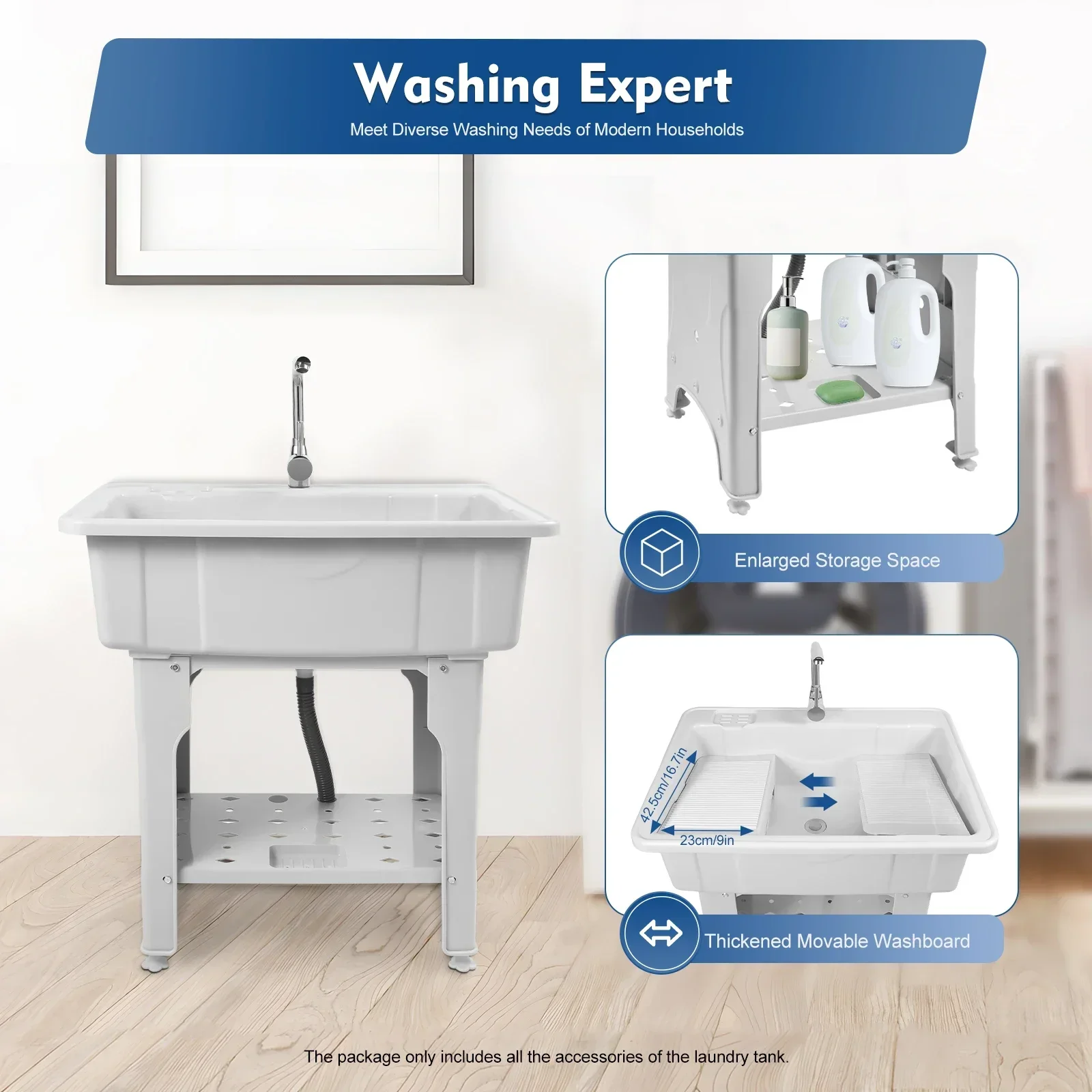 BYMAOCAR Multifunctional Freestanding PP Utility Laundry Sink with Hot & Cold Water Faucet, Indoor Outdoor Heavy Duty Wash Tub Station