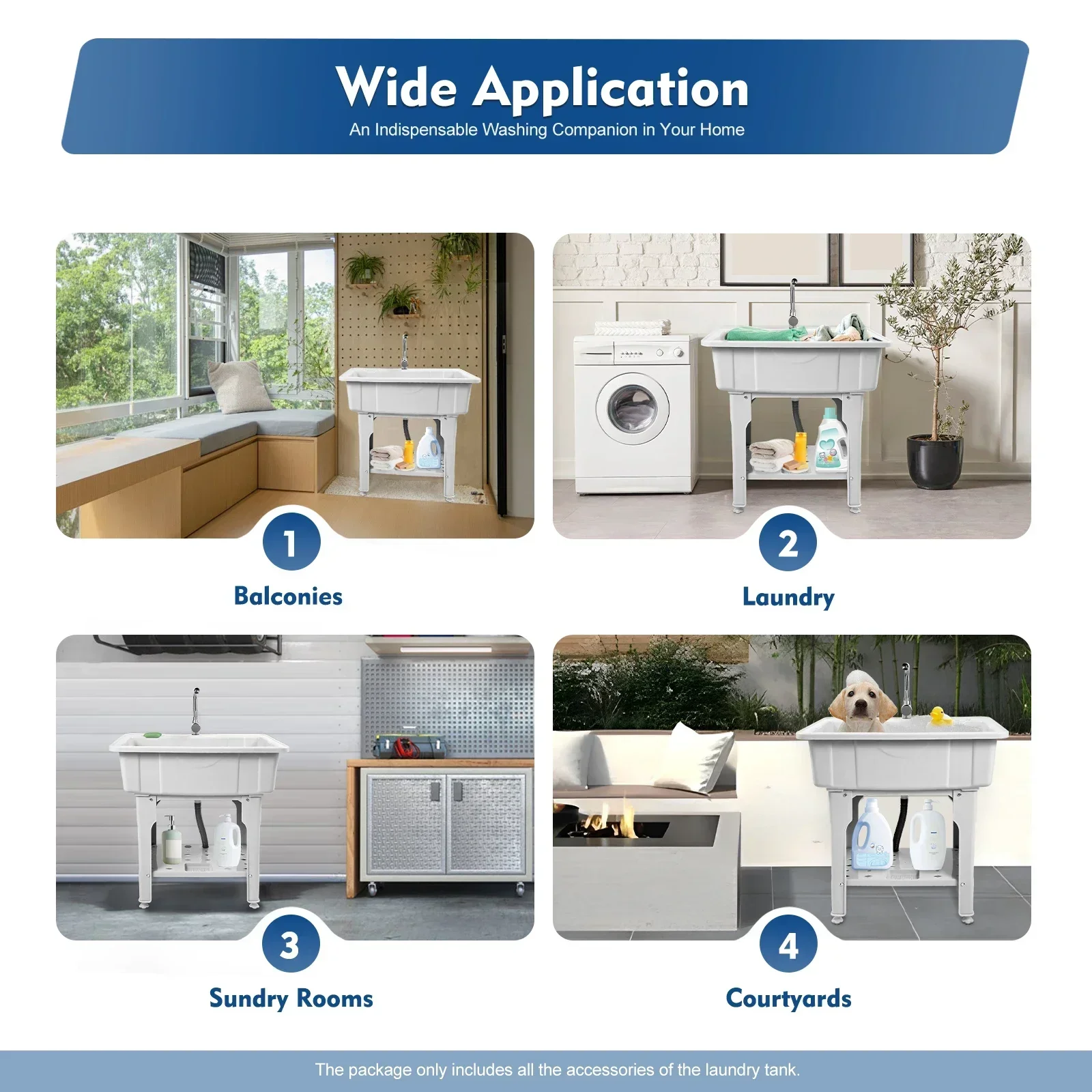 BYMAOCAR Multifunctional Freestanding PP Utility Laundry Sink with Hot & Cold Water Faucet, Indoor Outdoor Heavy Duty Wash Tub Station