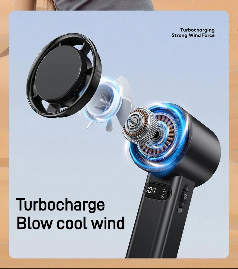 Portable Handheld Turbo Mini Fan Adjustable Wind Speed With Digital Display & Phone Holder, Rechargeable Cooling Fan For Travel Camping Indoor Outdoor Daily Use