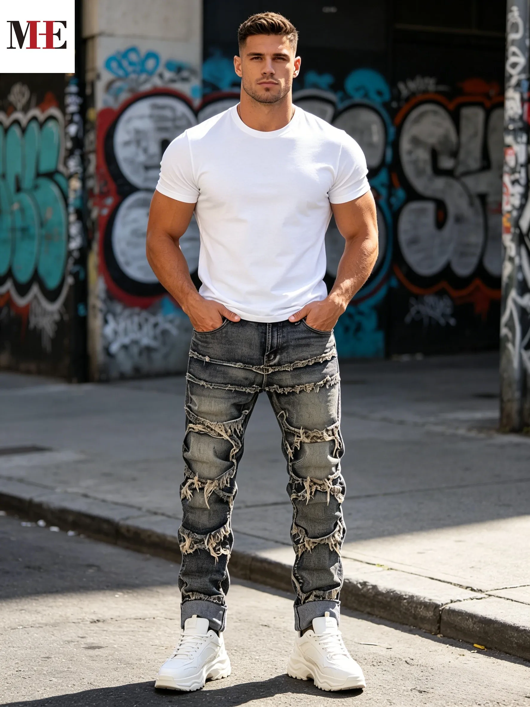 HME Men's Charcoal Grey Denim Pants, Slim Straight Long Pants with Multi-Layer Fringe Patchwork & Vintage Mud Washed Finish