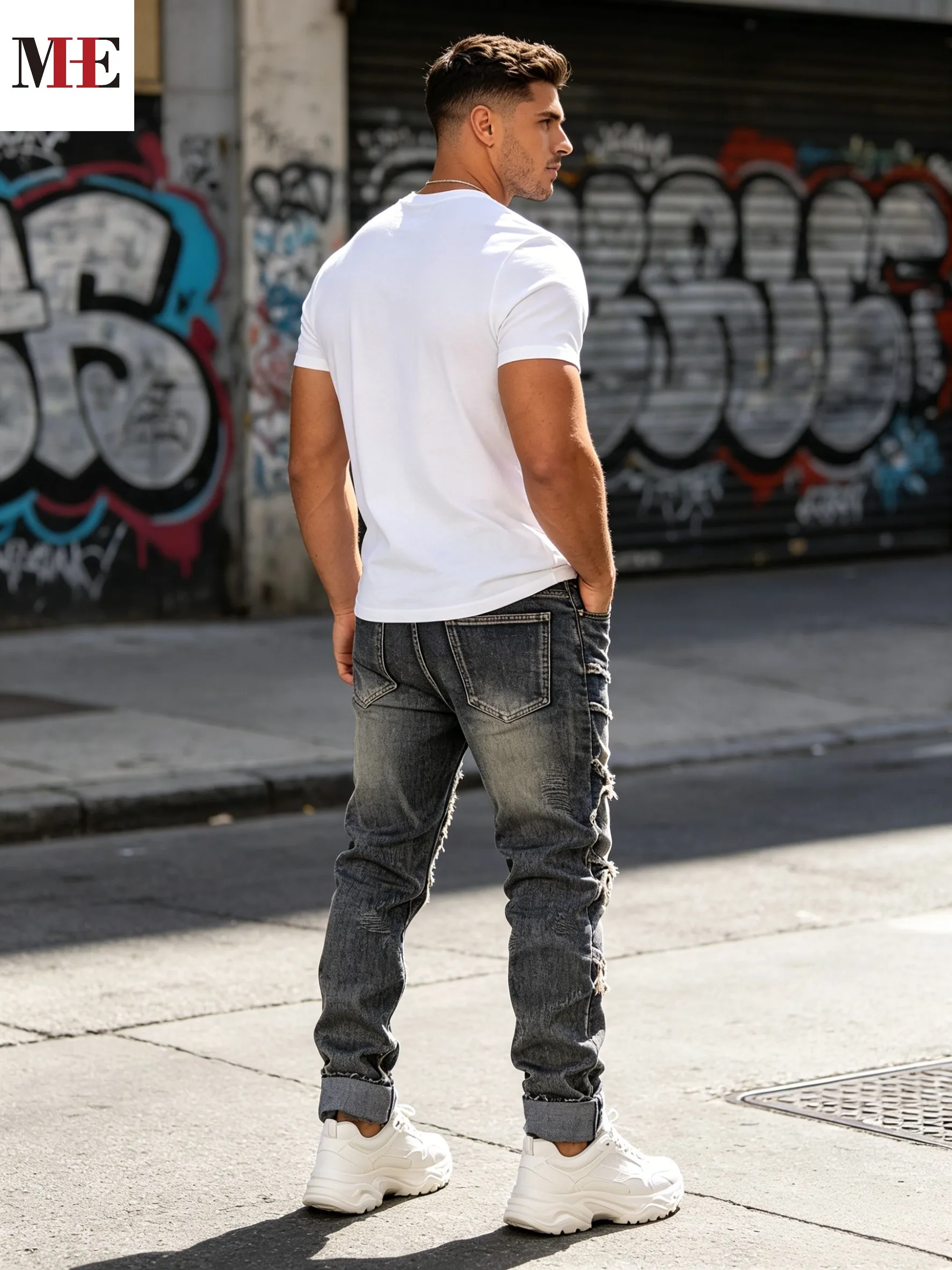 HME Men's Charcoal Grey Denim Pants, Slim Straight Long Pants with Multi-Layer Fringe Patchwork & Vintage Mud Washed Finish