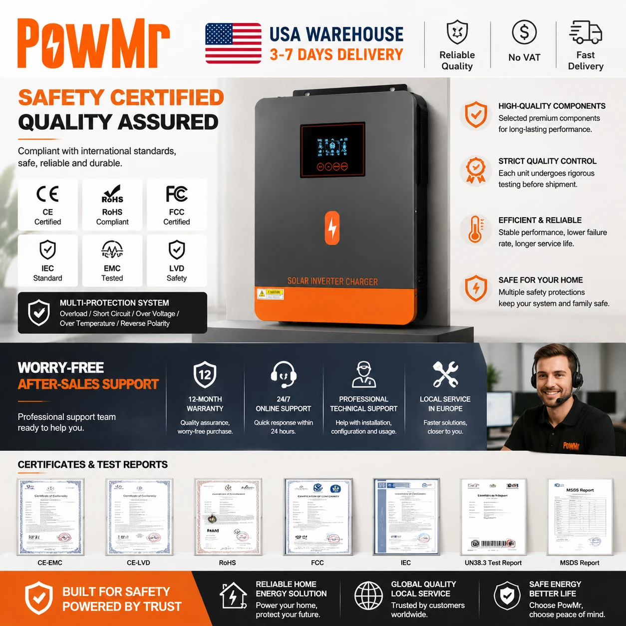 PowMr USA 4.5KVA 4200W/4.2KW 24V Hybrid Solar Inverters 220Vac Output Max 6200W 500Vdc PV Input With MPPT 120A Charge Regulator Support Wifi for Lifepo4 Power Bank Home RV Cabin Solar Energy Storage System