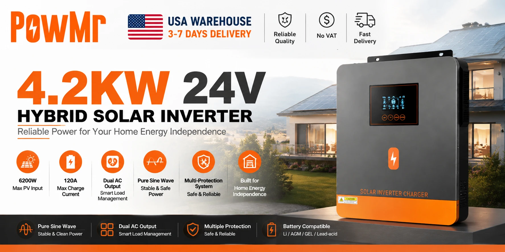 PowMr USA 4.5KVA 4200W/4.2KW 24V Hybrid Solar Inverters 220Vac Output Max 6200W 500Vdc PV Input With MPPT 120A Charge Regulator Support Wifi for Lifepo4 Power Bank Home RV Cabin Solar Energy Storage System