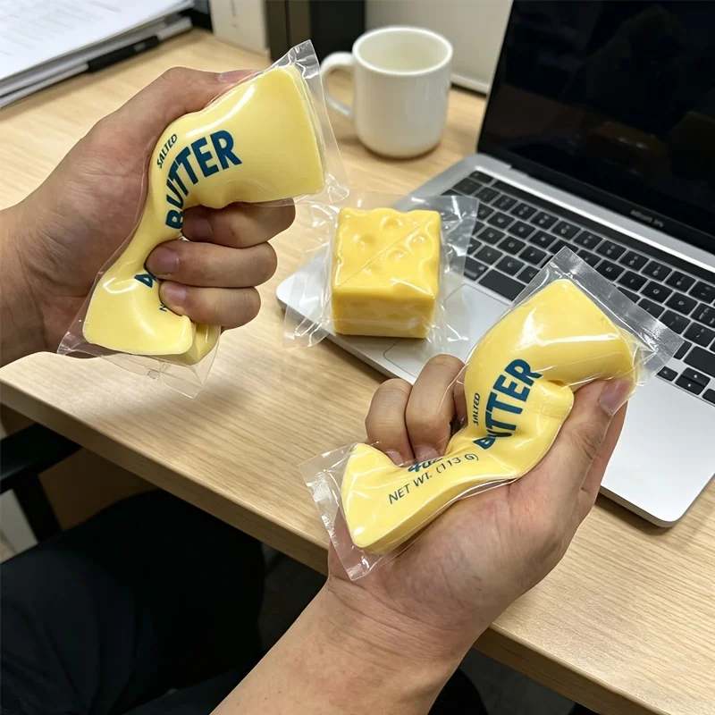 Best-selling stress-relief squishy butter cheese toy! Soft and smooth to squeeze with satisfying rebound. Cute yellow cube design with realistic detail—great as a gift, party favor, or daily stress toy.