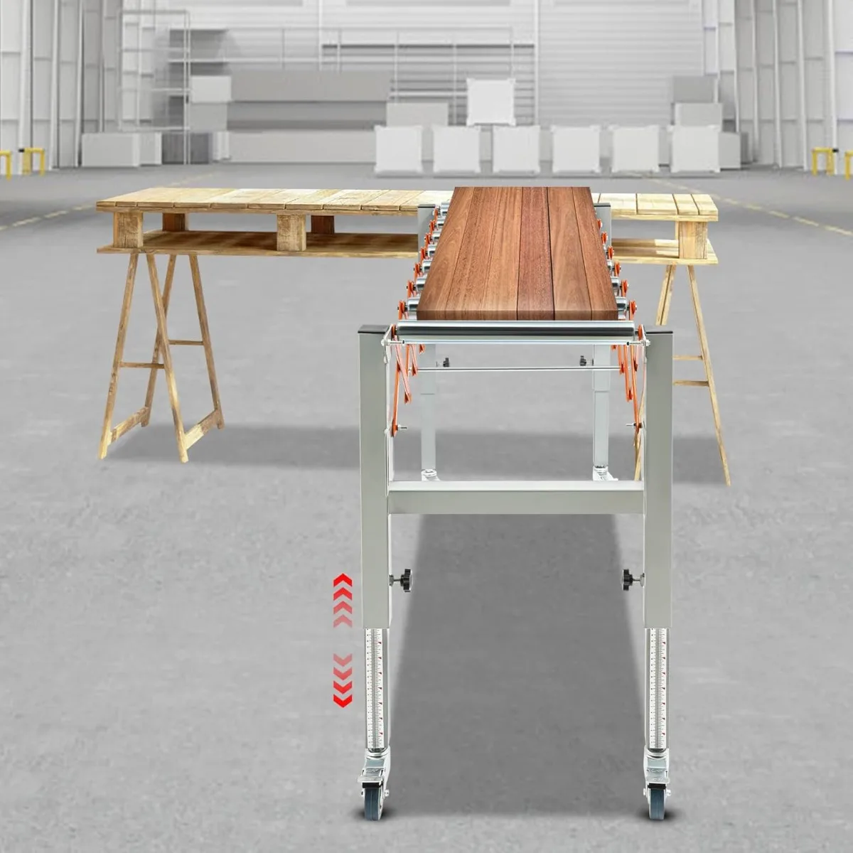 Roller Conveyor, Adjustable Conveyor Roller 51in, Orange, Max Load 110.23lbs, Sturdy Iron Anti-Rust, Adjustable Height & Length for Table Saw or Planer Transport