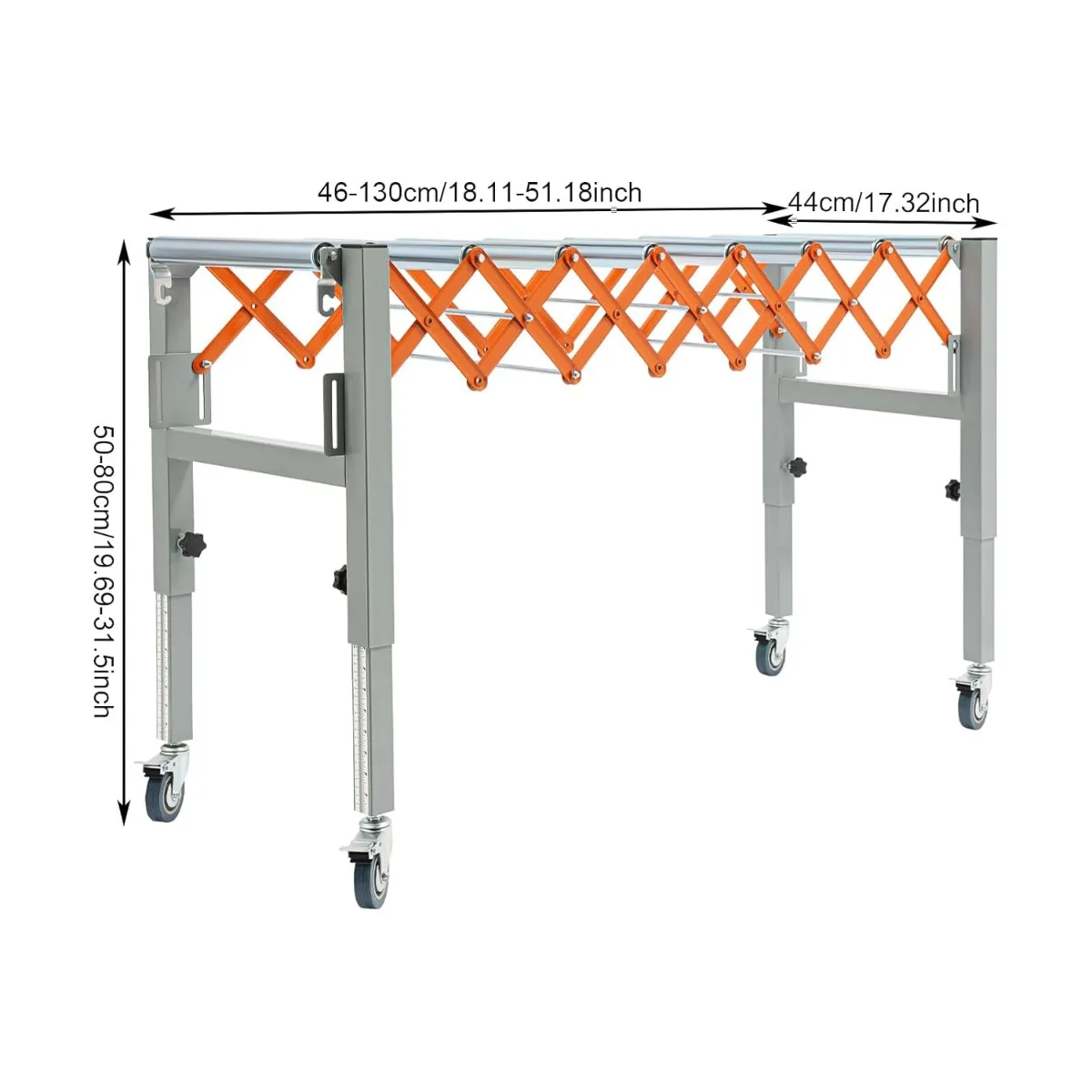 Roller Conveyor, Adjustable Conveyor Roller 51in, Orange, Max Load 110.23lbs, Sturdy Iron Anti-Rust, Adjustable Height & Length for Table Saw or Planer Transport