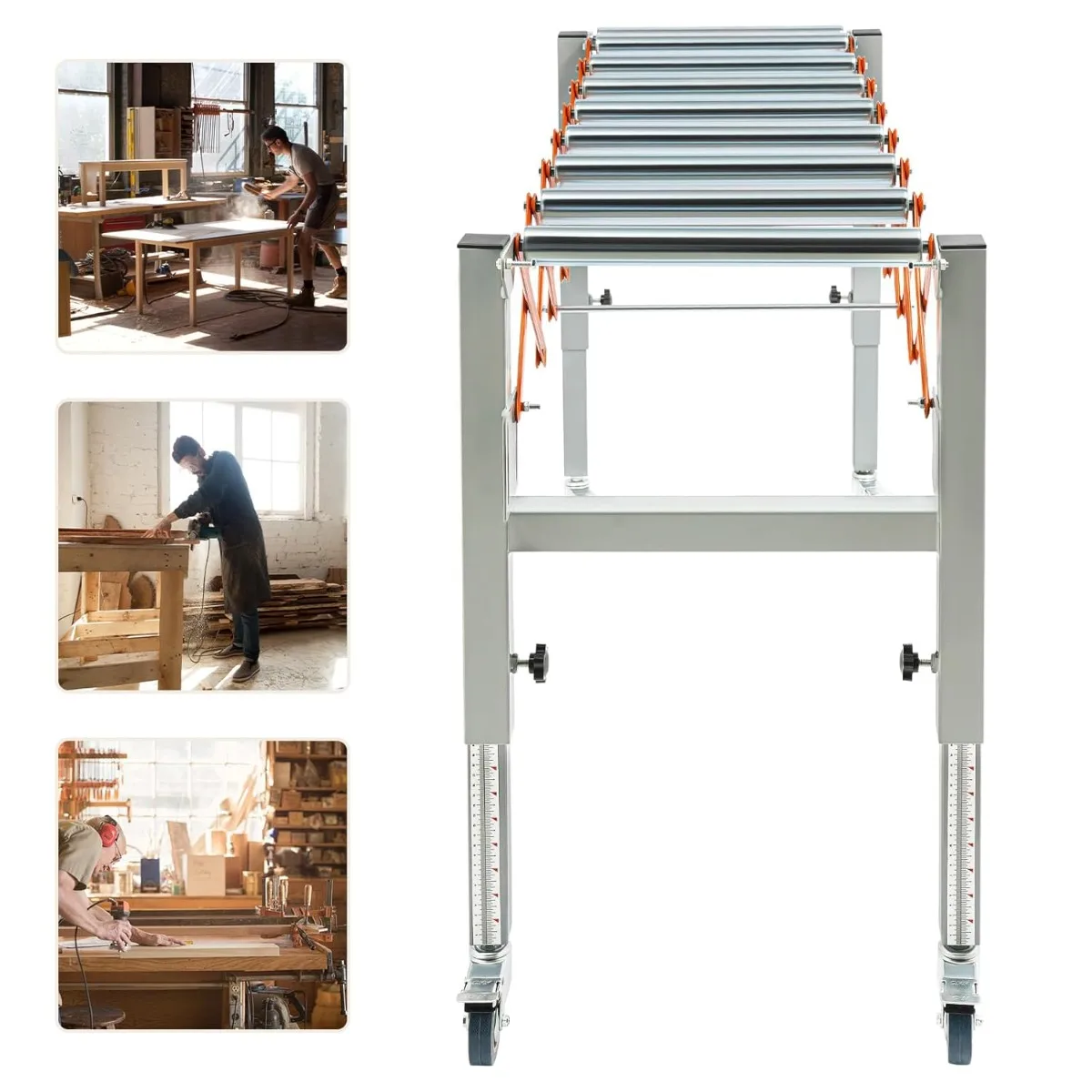 Roller Conveyor, Adjustable Conveyor Roller 51in, Orange, Max Load 110.23lbs, Sturdy Iron Anti-Rust, Adjustable Height & Length for Table Saw or Planer Transport