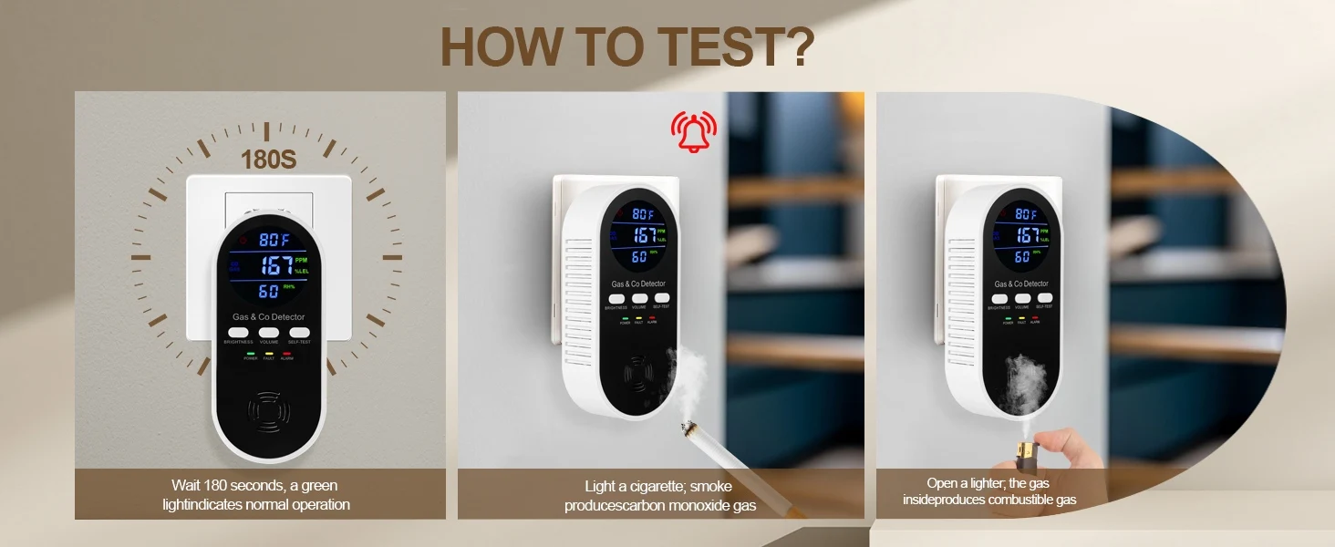 5-in-1 Combination Gas & Carbon Monoxide Detector,AC-Plug-in Natural Gas,Propane&CO Alarm with Adjustable Volume & Brightness,Battery Backup,Temperature(°F)&Humidity Sensor for Home,RV,Hotel