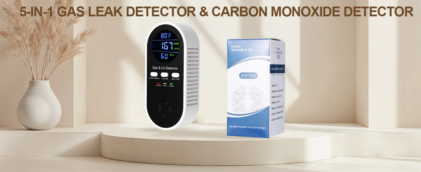 5-in-1 Combination Gas & Carbon Monoxide Detector,AC-Plug-in Natural Gas,Propane&CO Alarm with Adjustable Volume & Brightness,Battery Backup,Temperature(°F)&Humidity Sensor for Home,RV,Hotel