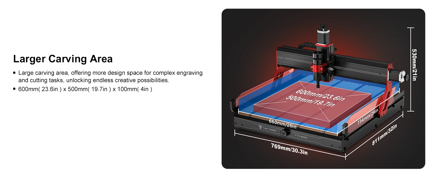 Twotree TTC6050 CNC Engraving Machine 500W CNC Router Machine 600x500mm Desktop Engraving Machine With infrared Beam Sensor XYZ Axis Linear Guide for Stainless Steel Wood PVC Acrylic