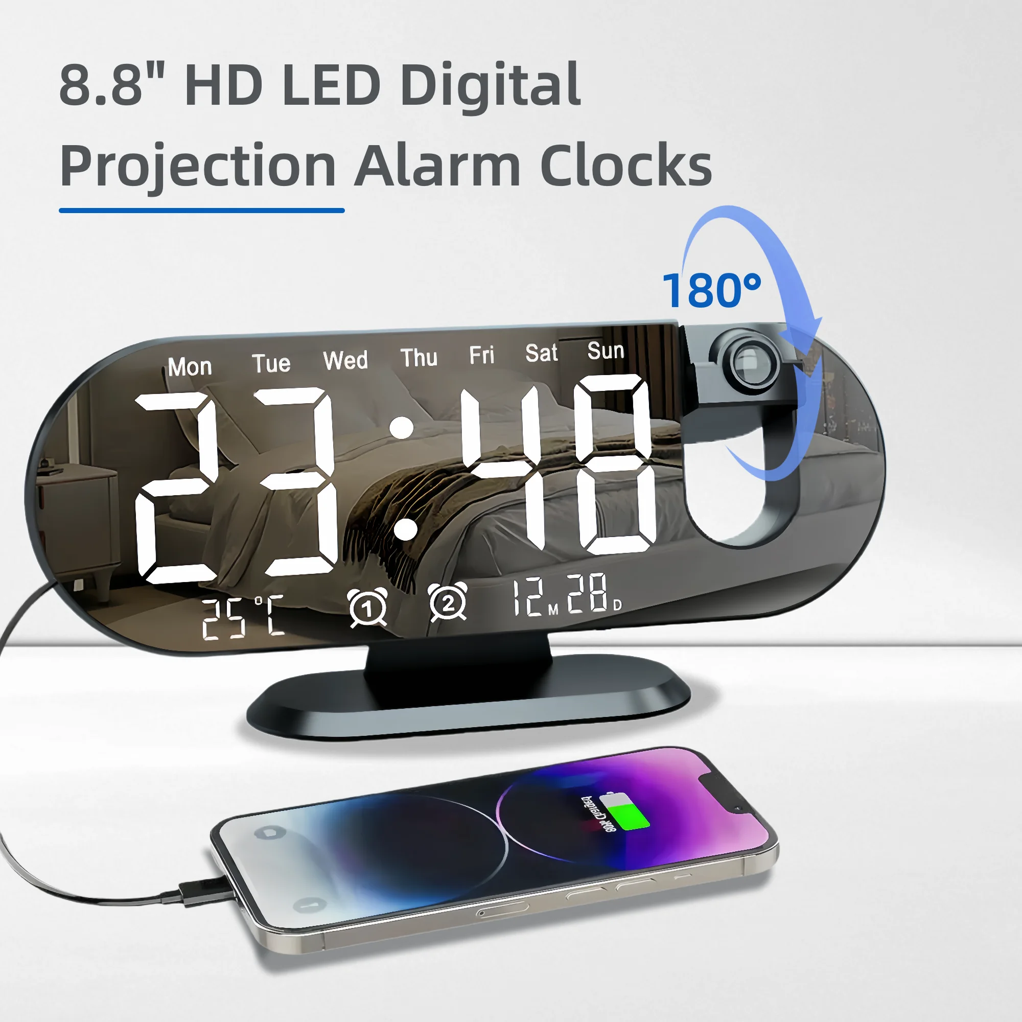 Projection Alarm Clock Bedroom 180° Rotating LED Large Display Ceiling Projector Dual Alarm Dimmer USB Charging Digital Clock Home Decor Holiday Gift