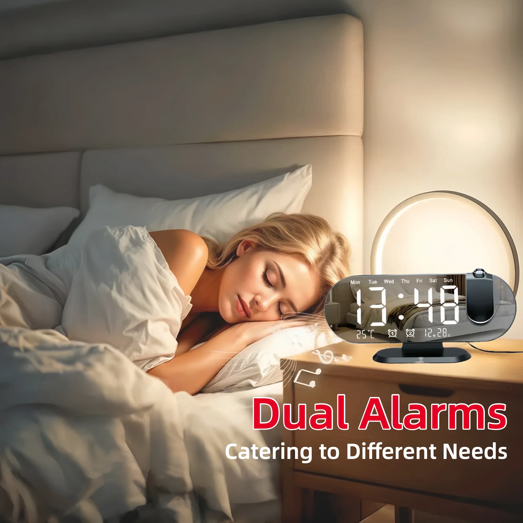 Projection Alarm Clock Bedroom 180° Rotating LED Large Display Ceiling Projector Dual Alarm Dimmer USB Charging Digital Clock Home Decor Holiday Gift