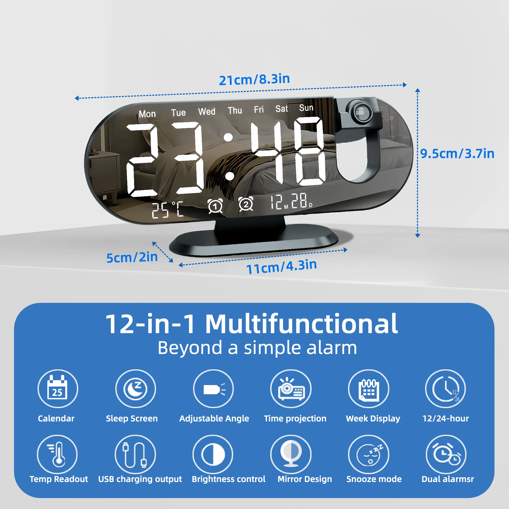 Projection Alarm Clock Bedroom 180° Rotating LED Large Display Ceiling Projector Dual Alarm Dimmer USB Charging Digital Clock Home Decor Holiday Gift