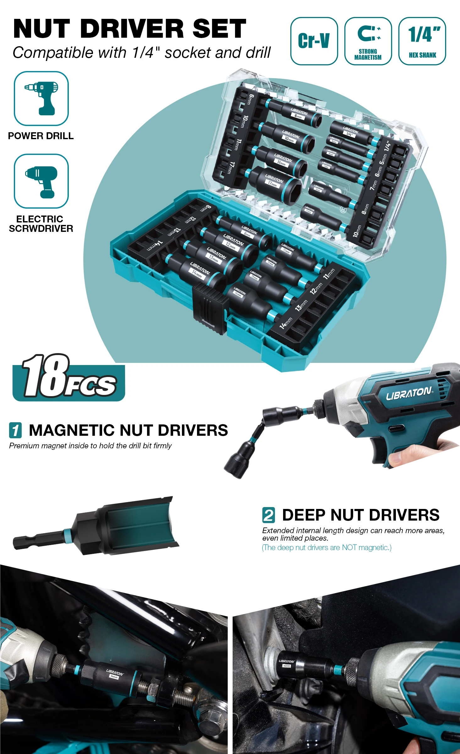 Magnetic Nut Driver Set, 18PCs Impact Driver Bit Set, Deep Nut Drivers Set, Metric Nut Driver for Impact Drill, 5-14 MM Nut Drivers and 6-17 MM Nut Deep Drivers, Bit Holder, for Car Repairs