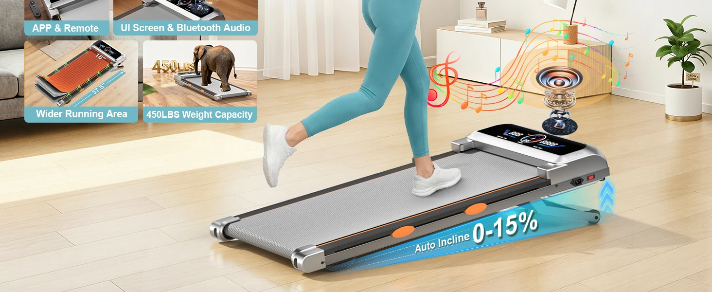 Treadmill with 15% 12-Level Auto Incline & UI Screen, 3.5HP Foldable Under Desk Treadmill, 450LBS Capacity, Bluetooth Speaker, Remote & APP Control for Home Office - Portable