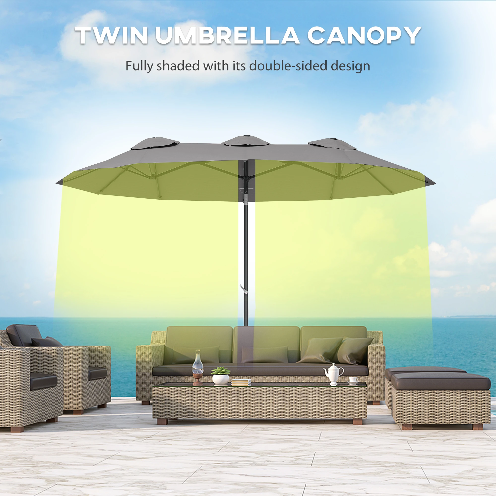 9.7' Double-Sided Patio Umbrella with 3 Air Vents, Tilt and Crank, Outdoor Umbrella, Gray