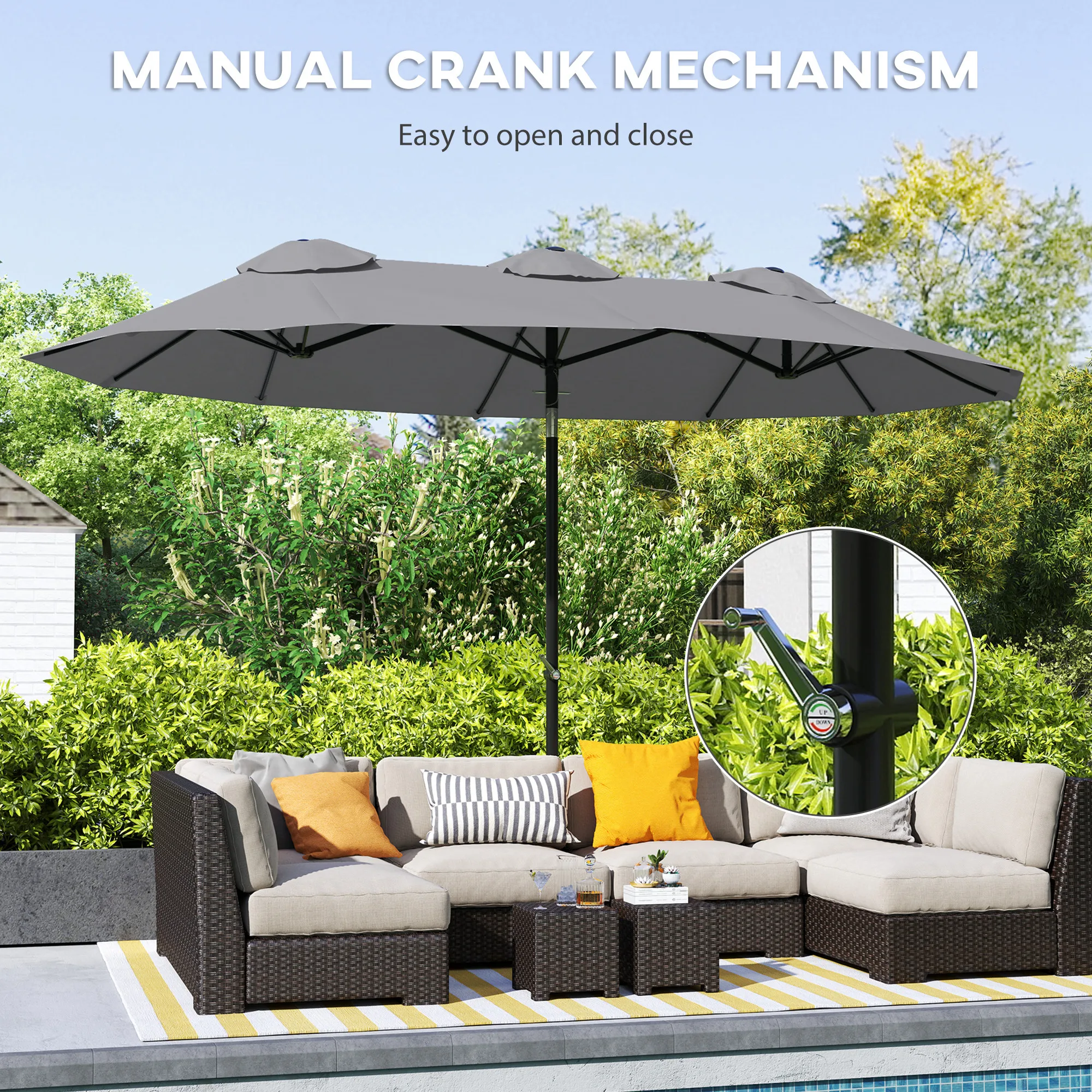 9.7' Double-Sided Patio Umbrella with 3 Air Vents, Tilt and Crank, Outdoor Umbrella, Gray
