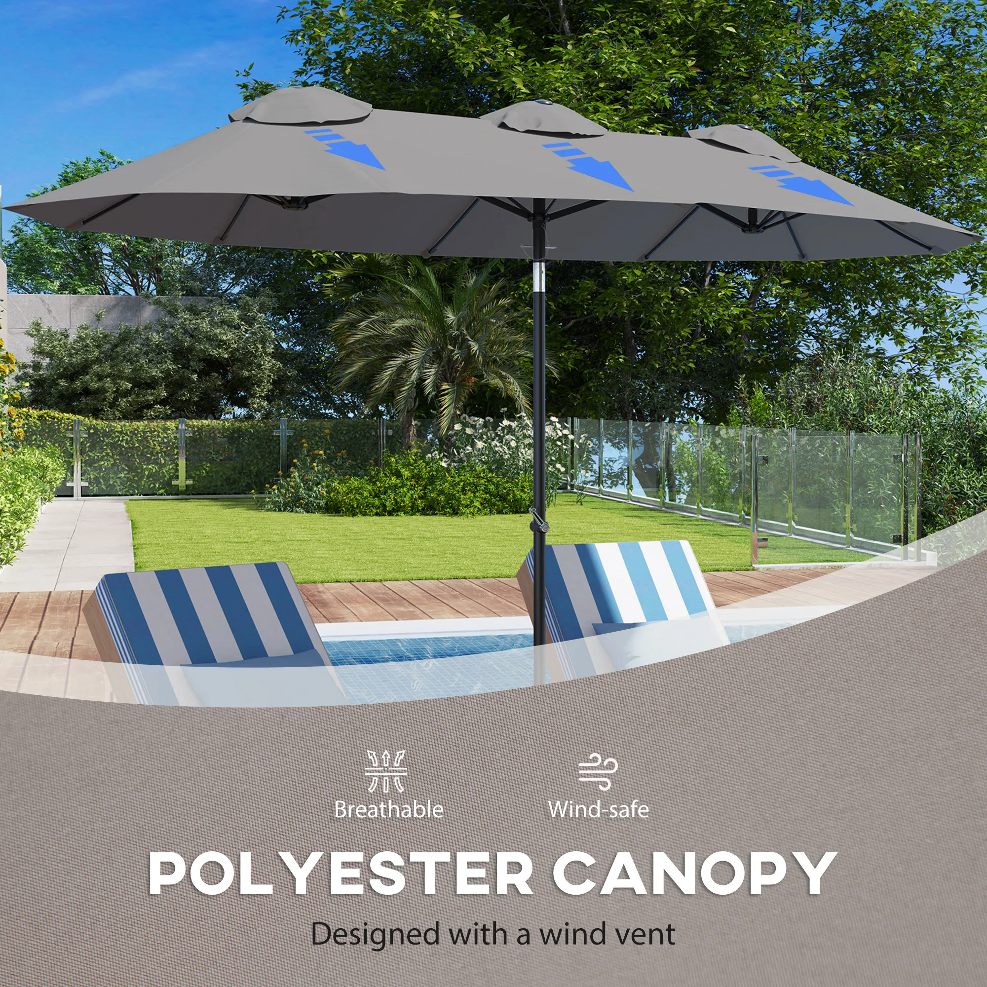 9.7' Double-Sided Patio Umbrella with 3 Air Vents, Tilt and Crank, Outdoor Umbrella, Gray