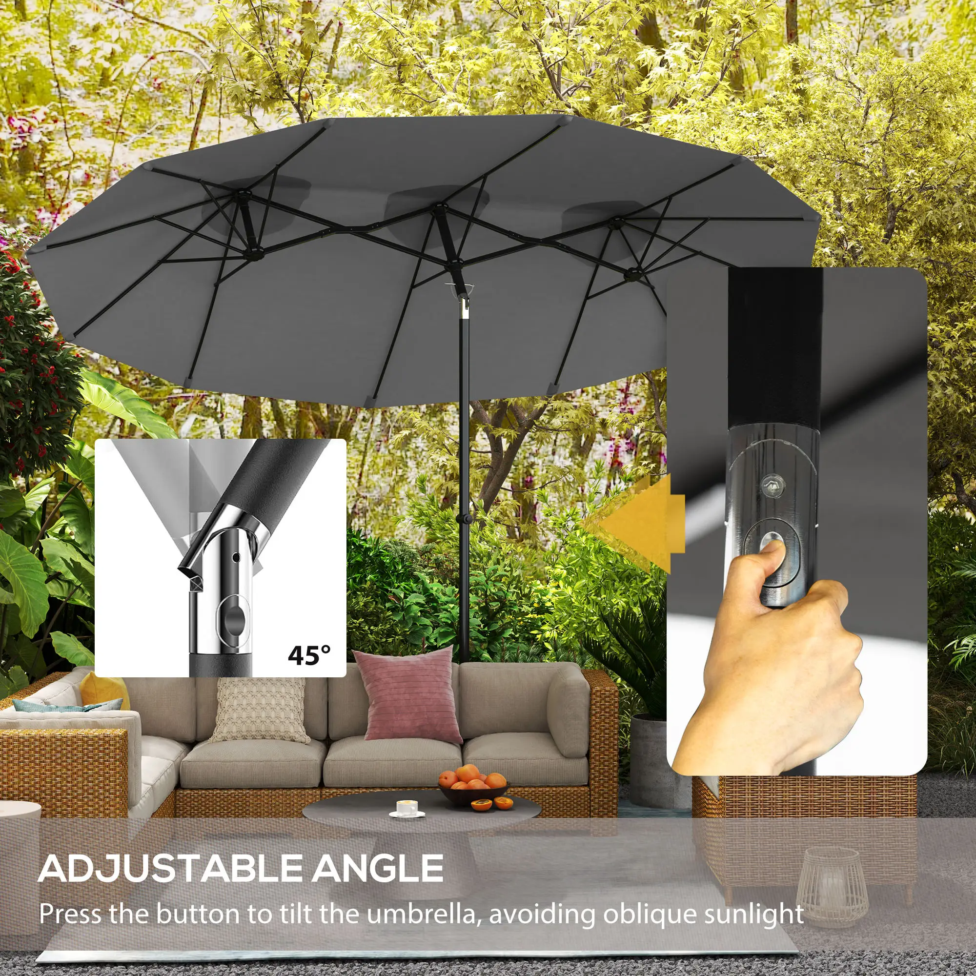 9.7' Double-Sided Patio Umbrella with 3 Air Vents, Tilt and Crank, Outdoor Umbrella, Gray