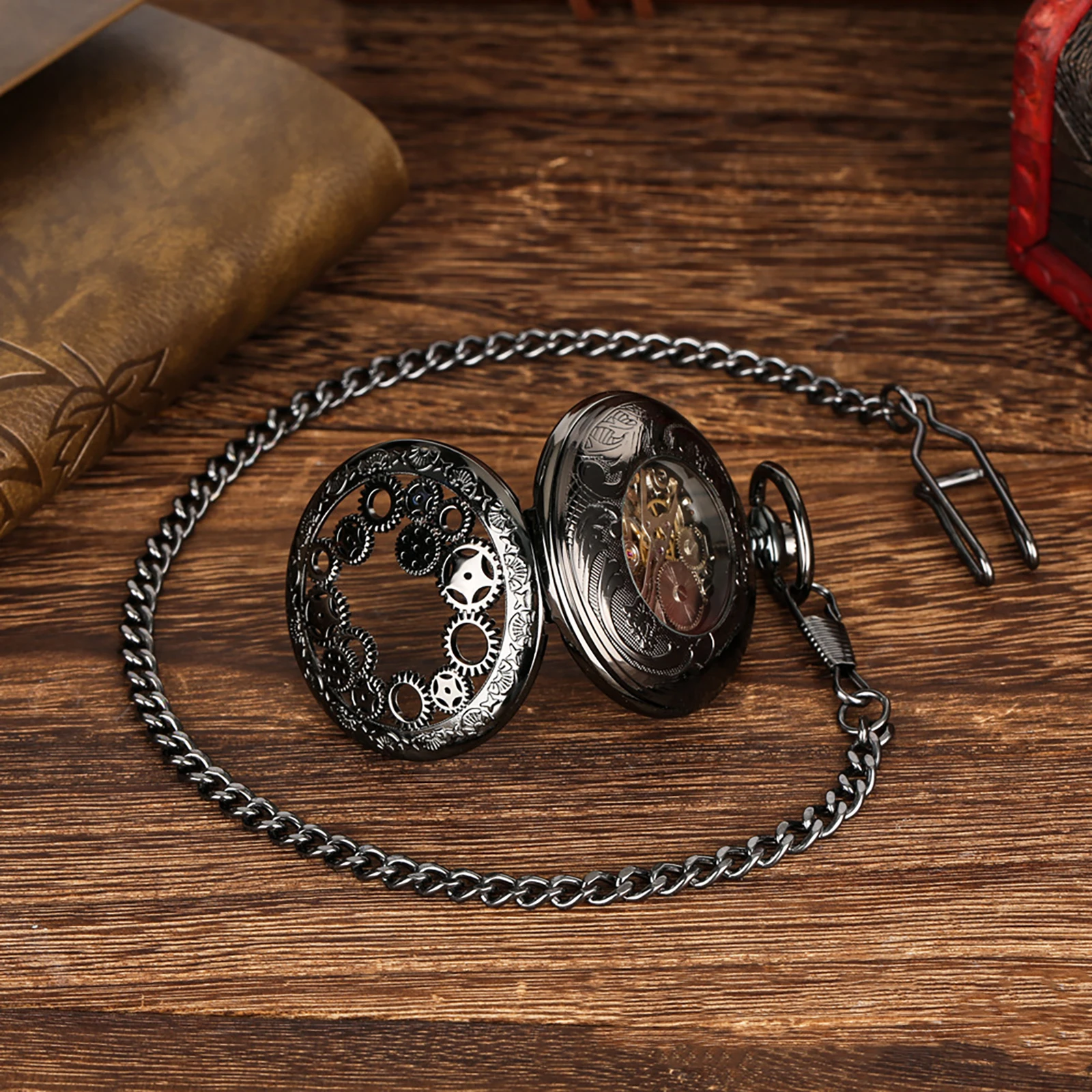 Manual Men's Mechanical Pocket Watch Hollow Design Roman Numerals Vintage Metal Pocket Watch Clock Chain Pendant Blue