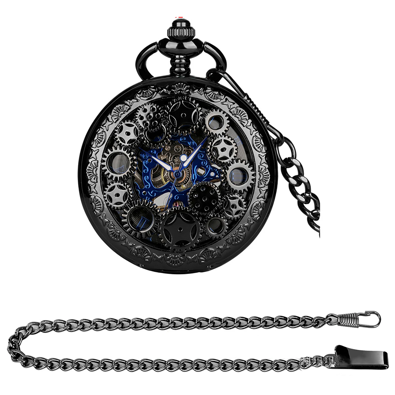 Manual Men's Mechanical Pocket Watch Hollow Design Roman Numerals Vintage Metal Pocket Watch Clock Chain Pendant Blue