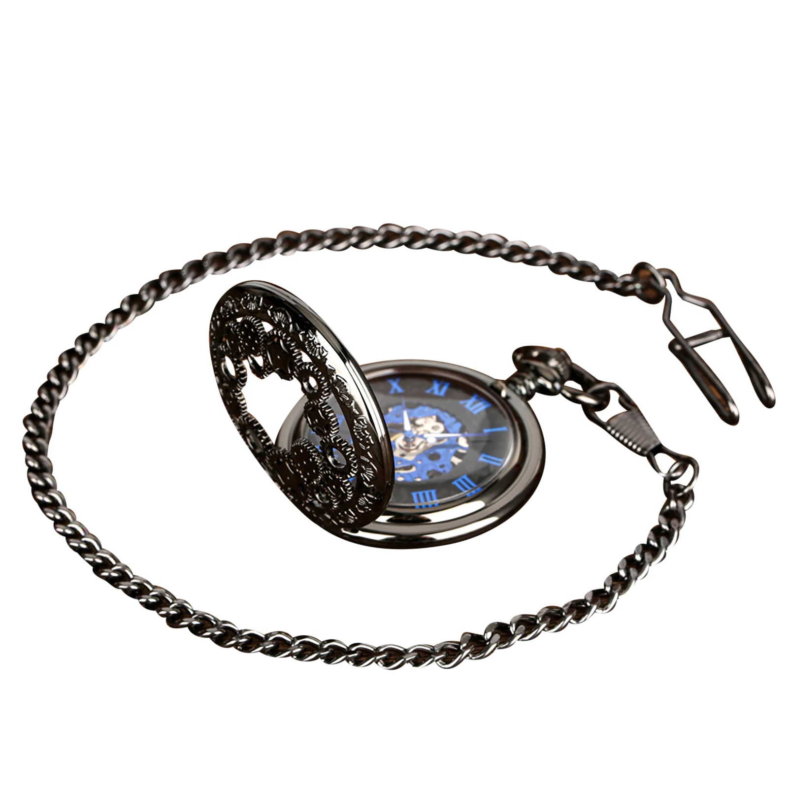 Manual Men's Mechanical Pocket Watch Hollow Design Roman Numerals Vintage Metal Pocket Watch Clock Chain Pendant Blue
