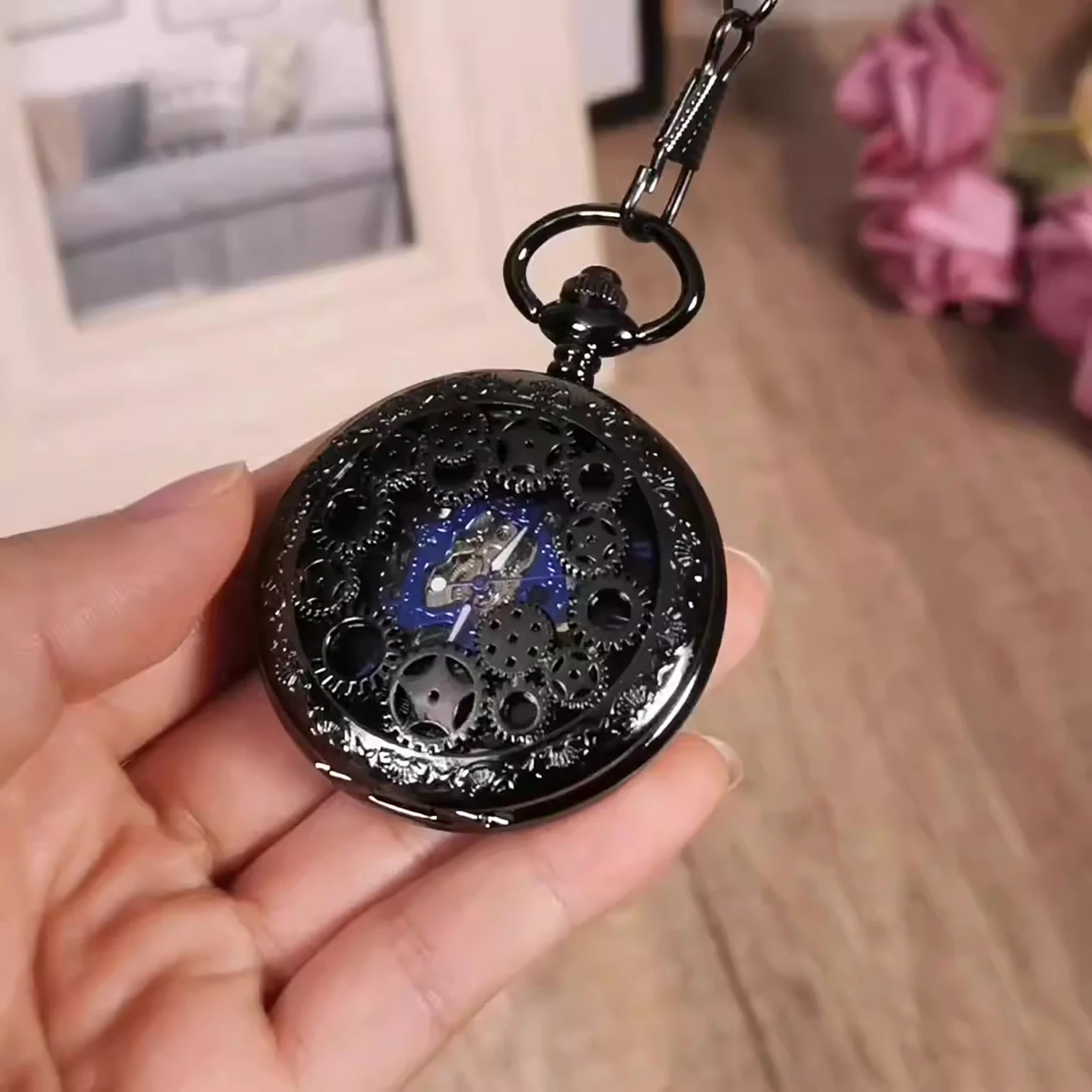 Manual Men's Mechanical Pocket Watch Hollow Design Roman Numerals Vintage Metal Pocket Watch Clock Chain Pendant Blue