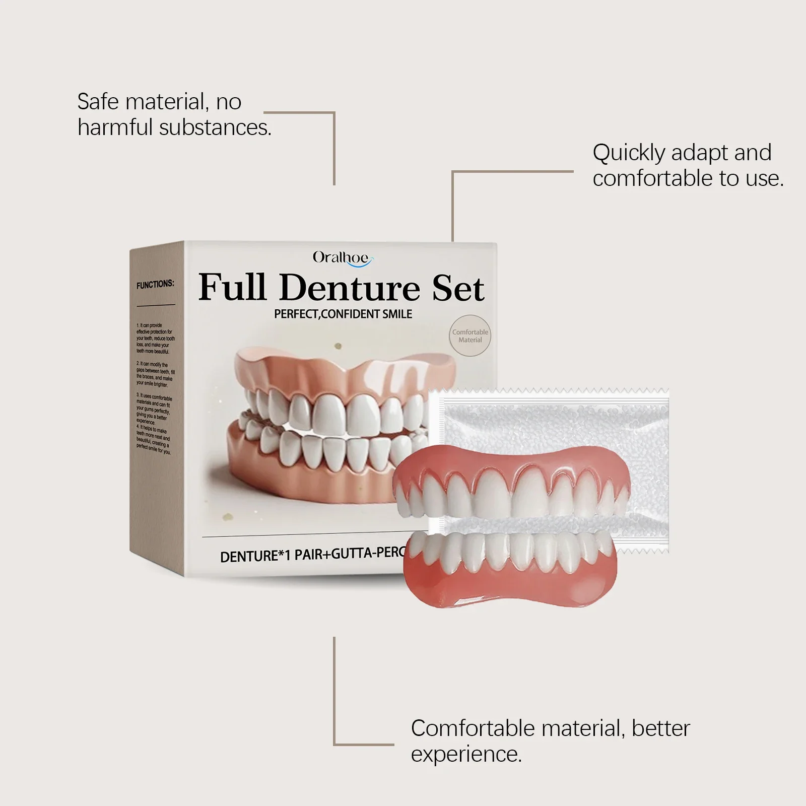 Instant Smile Comfort Fit Flex Denture Set With Gutta-Percha Safe Material Restoration Decorate Gaps Temporary Full Dentures Kit