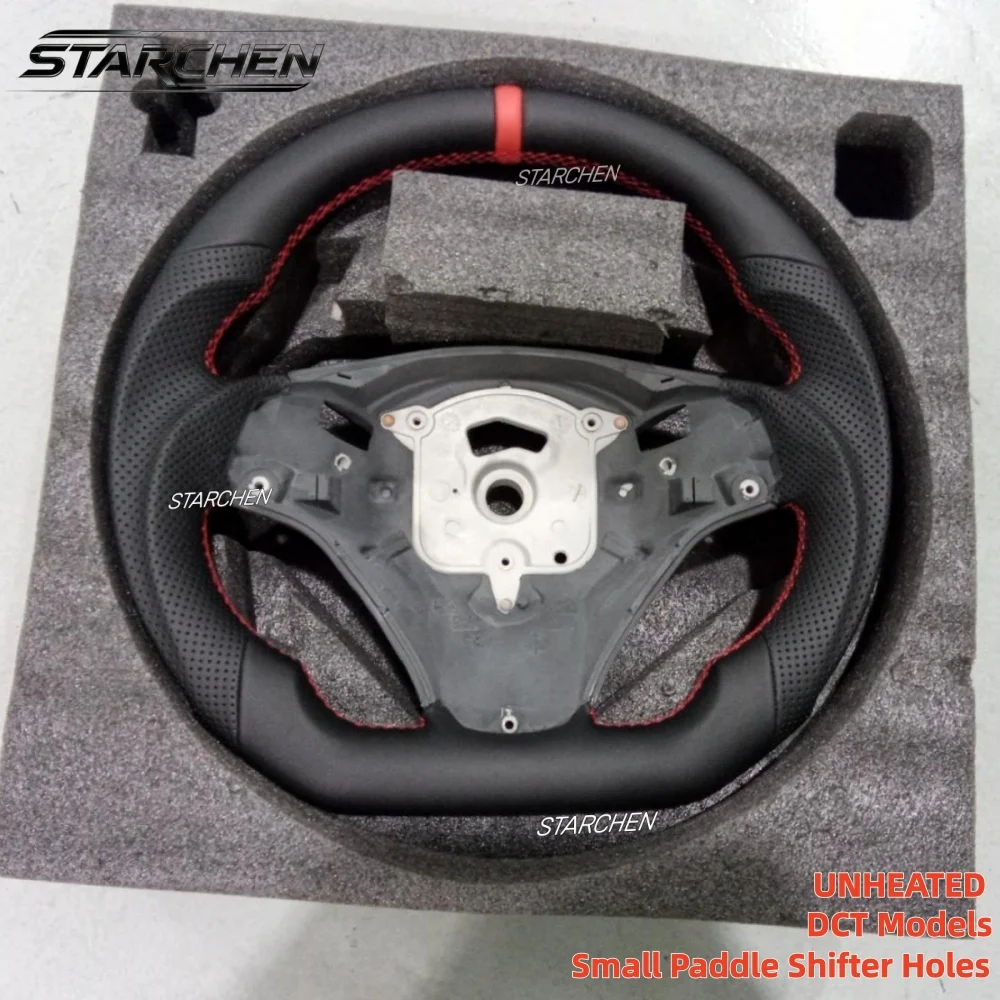 M Sport Full Leather Sport Leather Steering Wheel For BMW E90 E92 E93 M3 328i 335i DCT with Small Paddle Shifter Holes Version & Red Stripe(Non-heated)