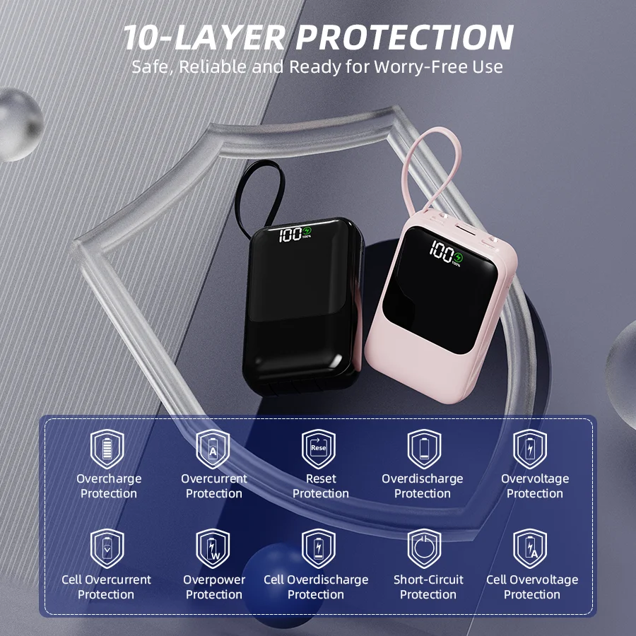 10000mAh Portable Power Bank for Universal Devices Super Fast Charging with Built-in Cable Large Capacity Power Bank for All Smartphones