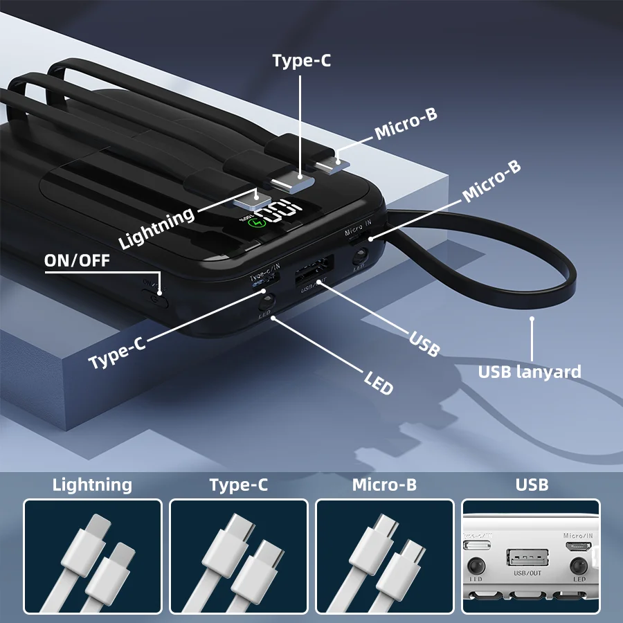 10000mAh Portable Power Bank for Universal Devices Super Fast Charging with Built-in Cable Large Capacity Power Bank for All Smartphones