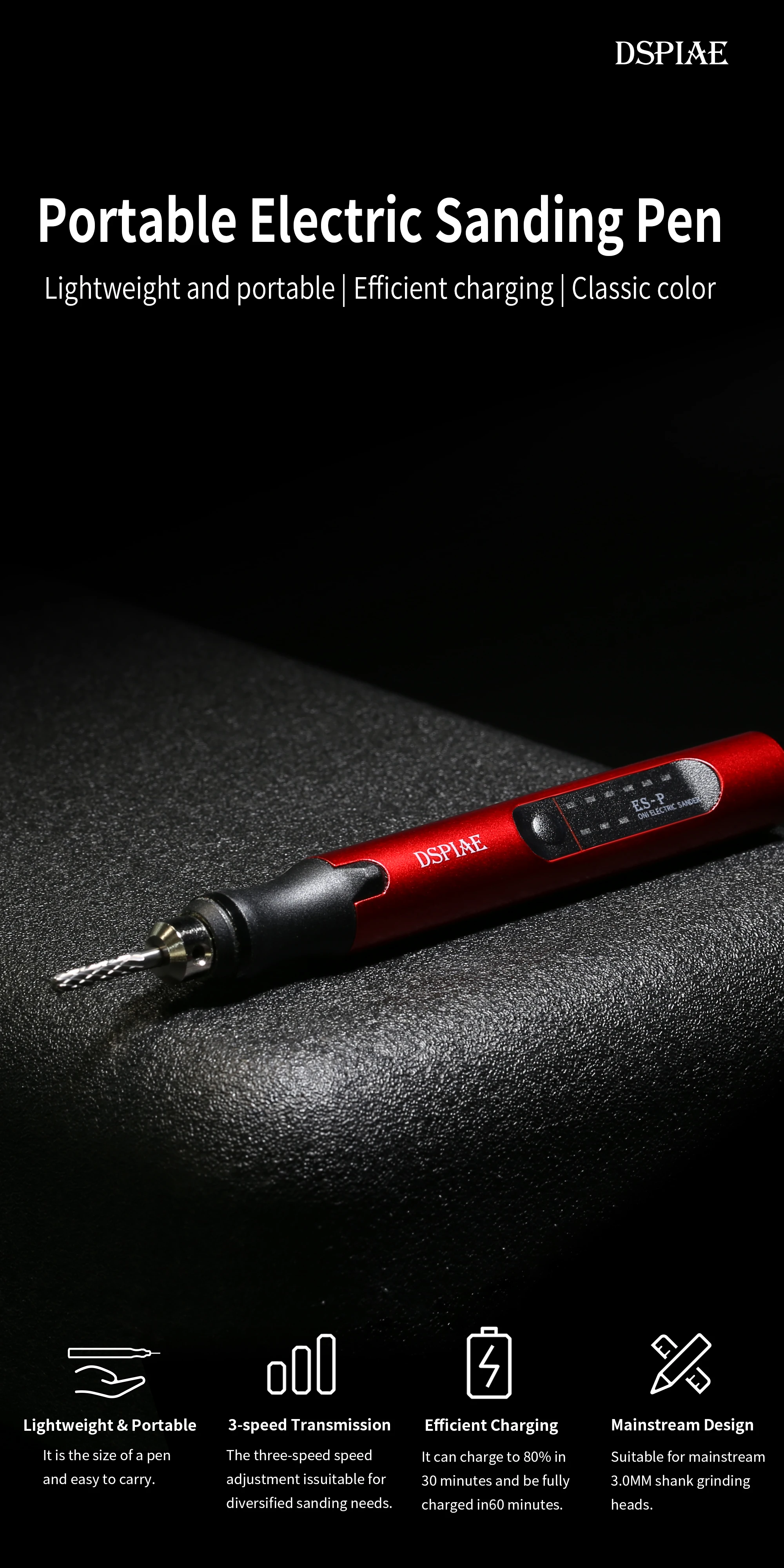 DSPIAE ES-P Portable Electric Sander Pen 4.2V 10W with Sponge Sanding Disc Pre-Cut Round Abrasive Sandpaper for Portable Electric Sharpening