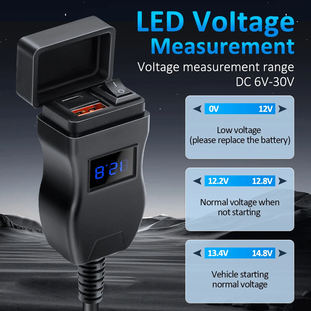 PD QC3.0 Motorcycle USB Fast Cellular Charger Waterproof Type C Port Socket Connector With Cell Mobile Voltmeter Digital Charger