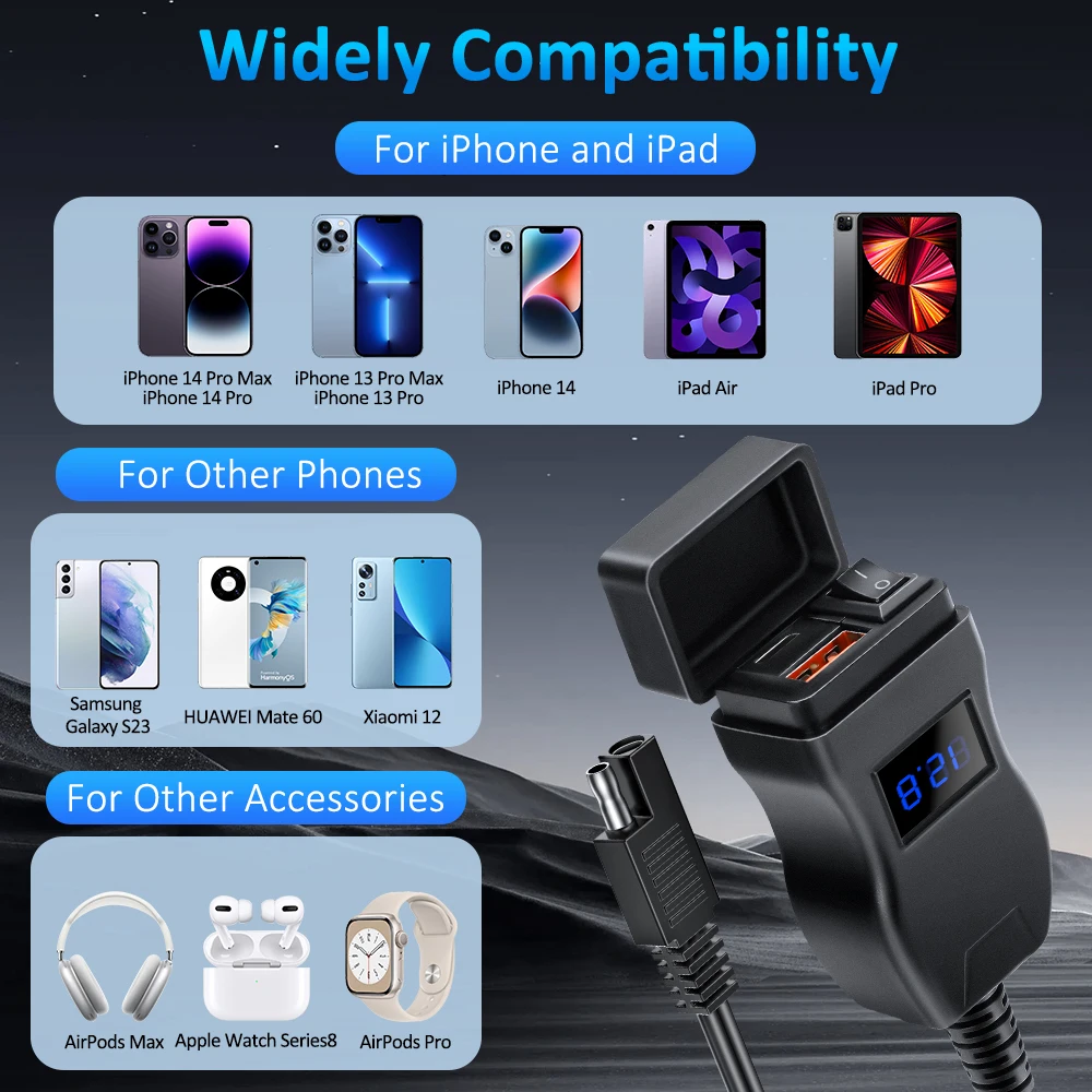 PD QC3.0 Motorcycle USB Fast Cellular Charger Waterproof Type C Port Socket Connector With Cell Mobile Voltmeter Digital Charger