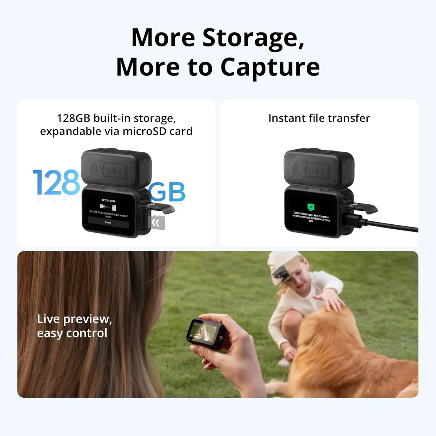 DJI Osmo Nano Standard Combo (128GB) - ALL New Small 4K/60fps Vlogging Camera with a 1/1.3″ Sensor, 143° Wide FOV Video, 200-Min Recording, Swift Content Transfer, Magnetic POV Cam 4K for Sports, Vlog