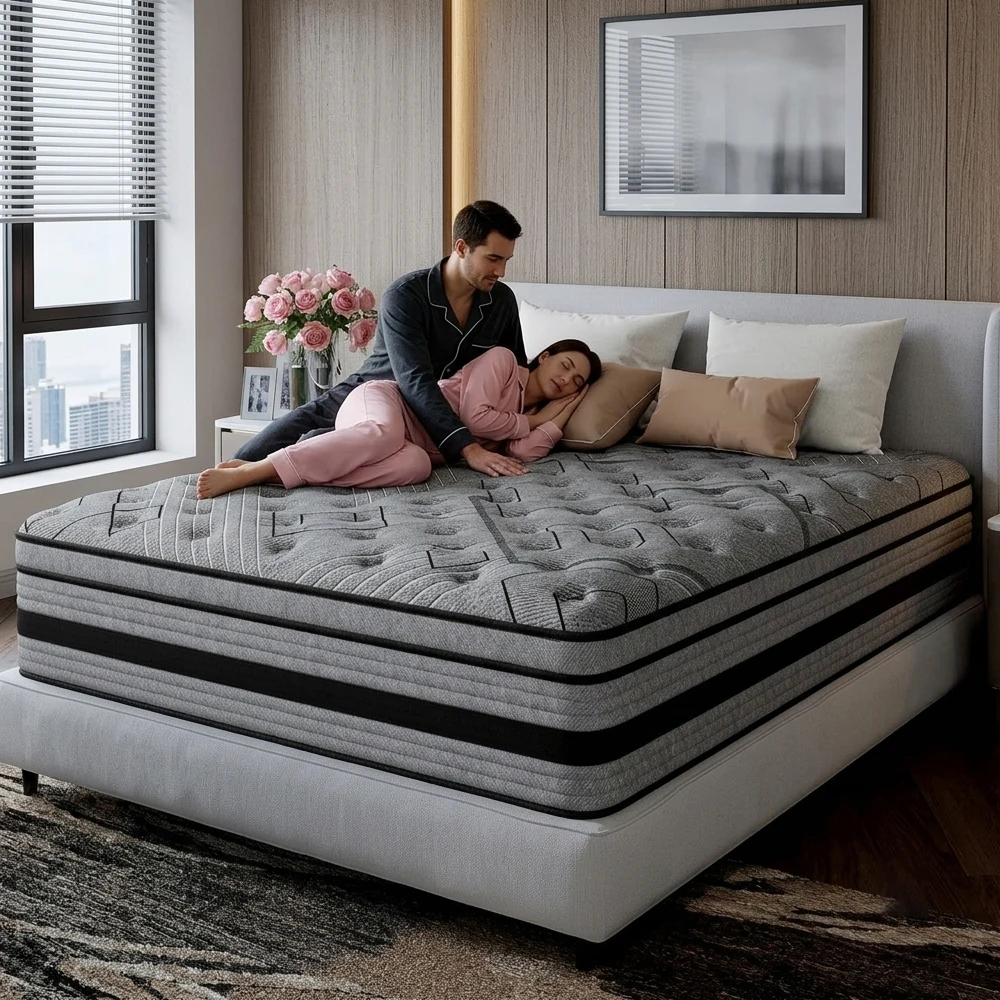 12/ 14inch Foam and Spring Hybrid Mattress, Medium Firmness, Available in Full, Queen, and King Sizes, Gel Memory Foam for Lumbar Support, Boxed Mattress