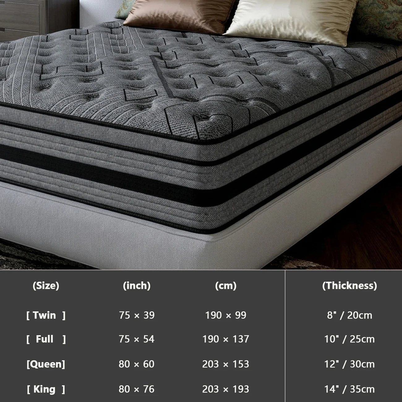 12/ 14inch Foam and Spring Hybrid Mattress, Medium Firmness, Available in Full, Queen, and King Sizes, Gel Memory Foam for Lumbar Support, Boxed Mattress