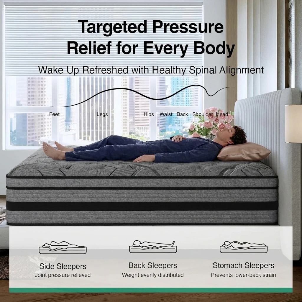 12/ 14inch Foam and Spring Hybrid Mattress, Medium Firmness, Available in Full, Queen, and King Sizes, Gel Memory Foam for Lumbar Support, Boxed Mattress