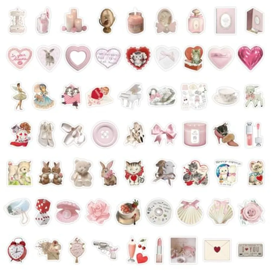Cute Vinyl Laptop, Waterproof Aesthetic Stickers, Pink Sticker Pack for Girls Water Bottles Laptop Computer Phone Guitar 60 Coq