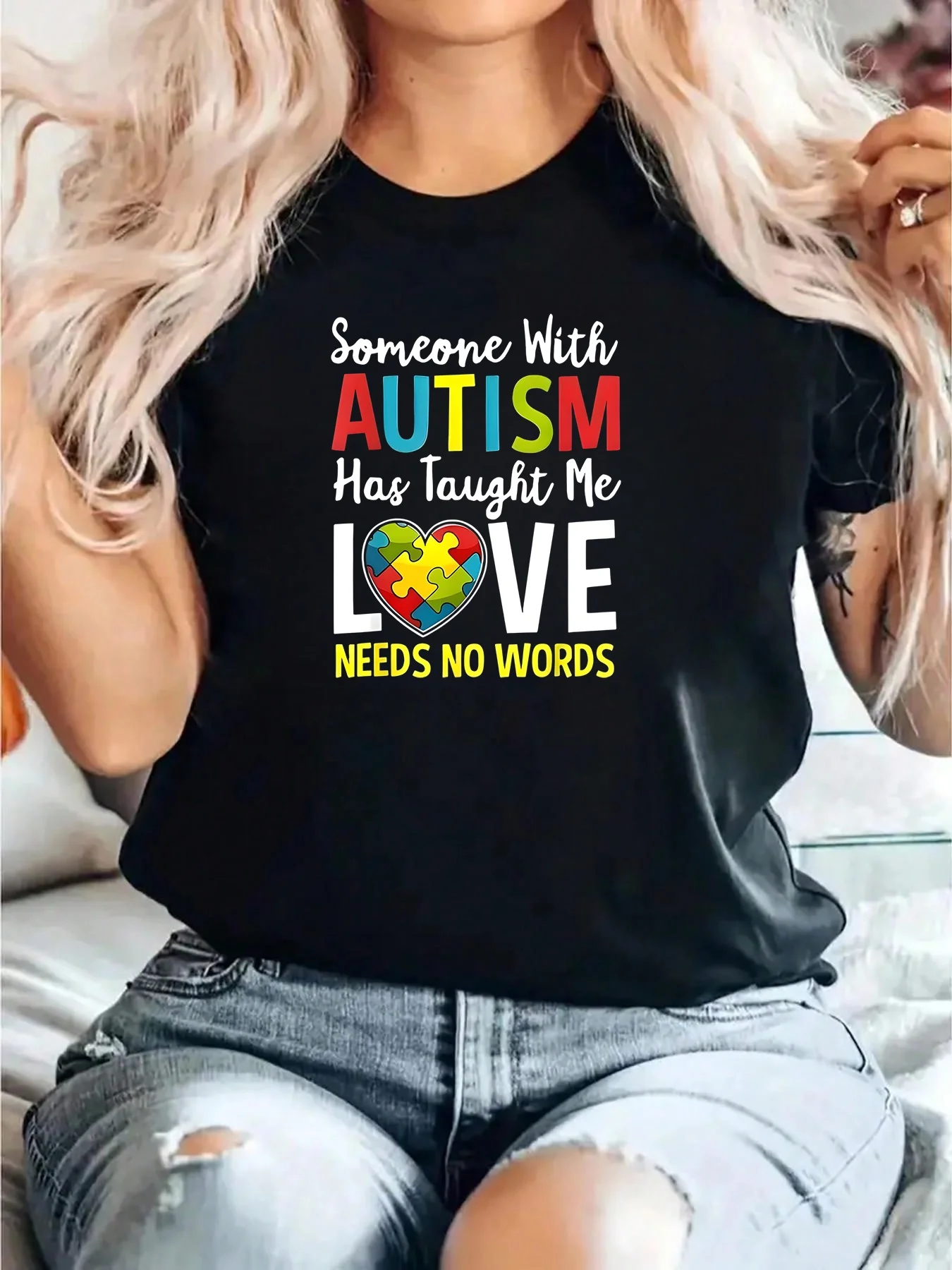 Autism Awareness Puzzle Piece Teacher 1 Pcs Women's Plus Size-Shirt Funny Oversized Graphic Short Sleeve Tee Novelty