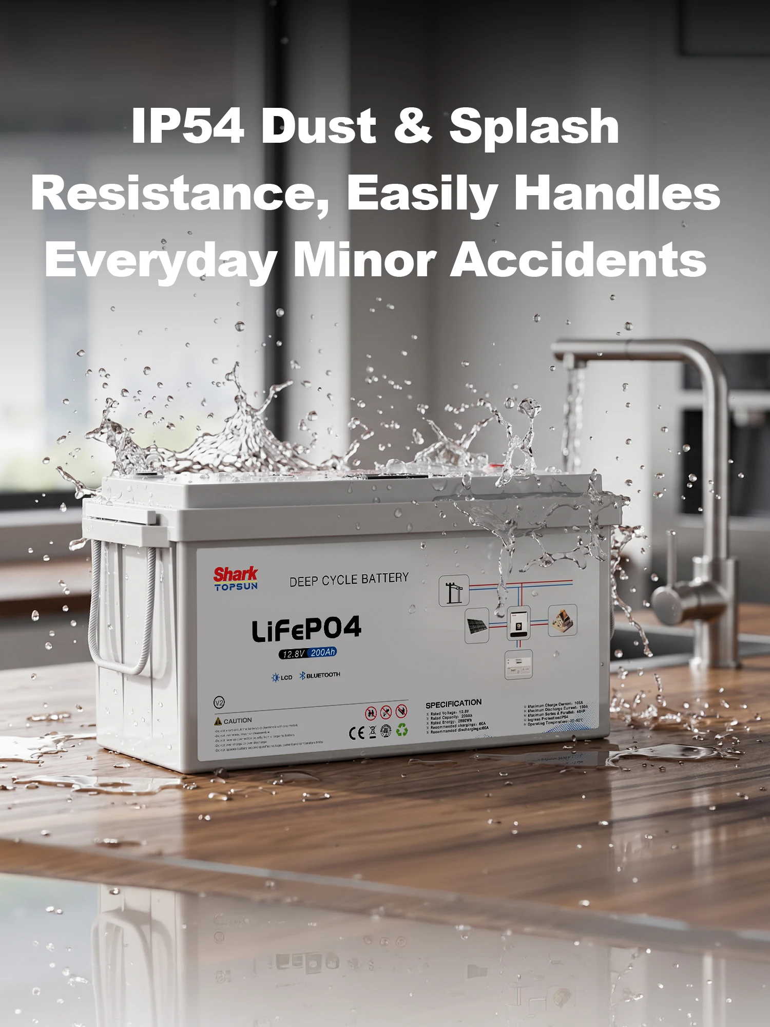SANDISOLAR 12.8V 100AH 200Ah LiFePO4 Battery Deep Cycle Rechargeable Lithium Battery IP54 Waterproof for Off Grid Solar