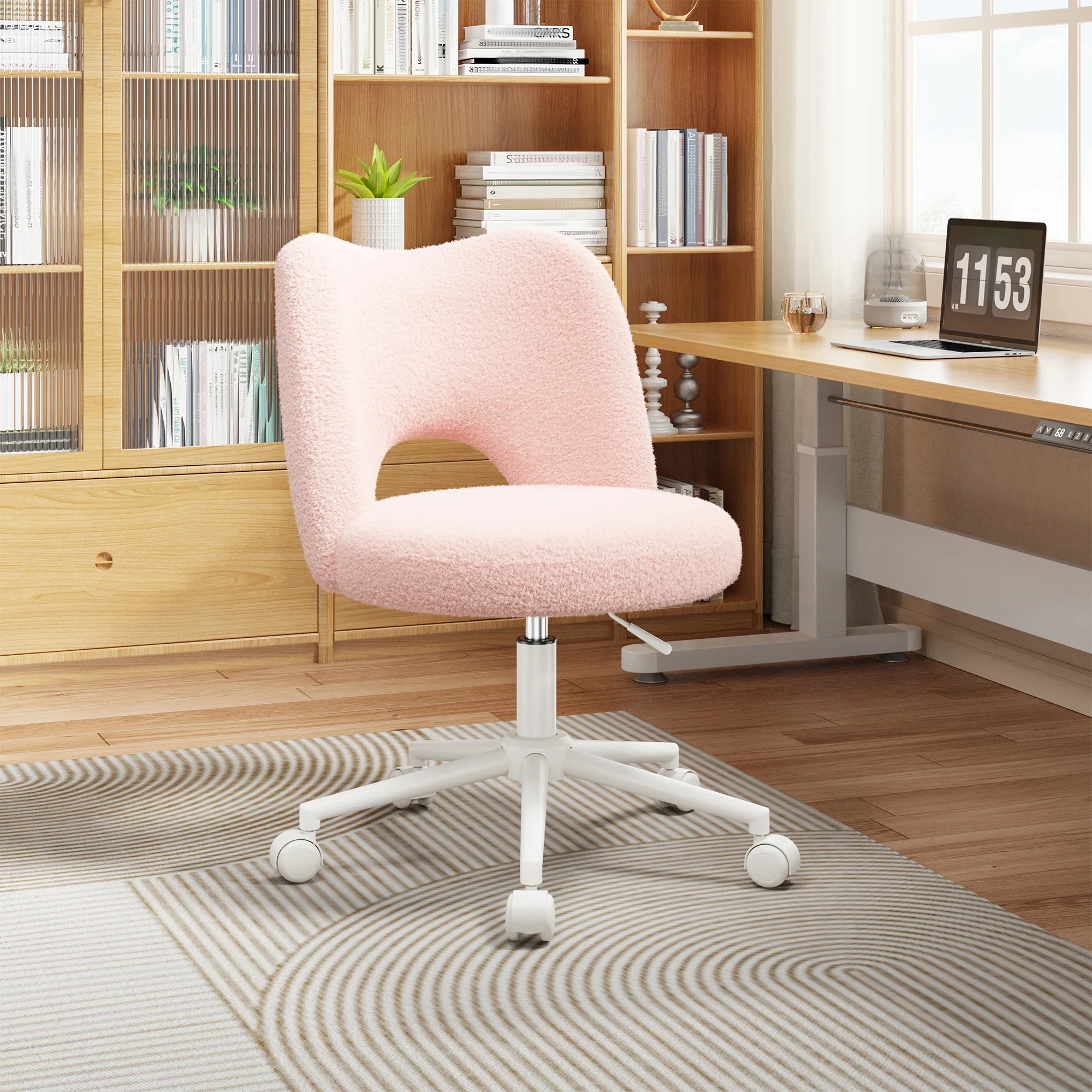 EnHomee Small Vanity Chair with Silent Wheels Black Height Adjustable Cute Teddy Fleece Desk Chair for Bedroom Make-up Room Office