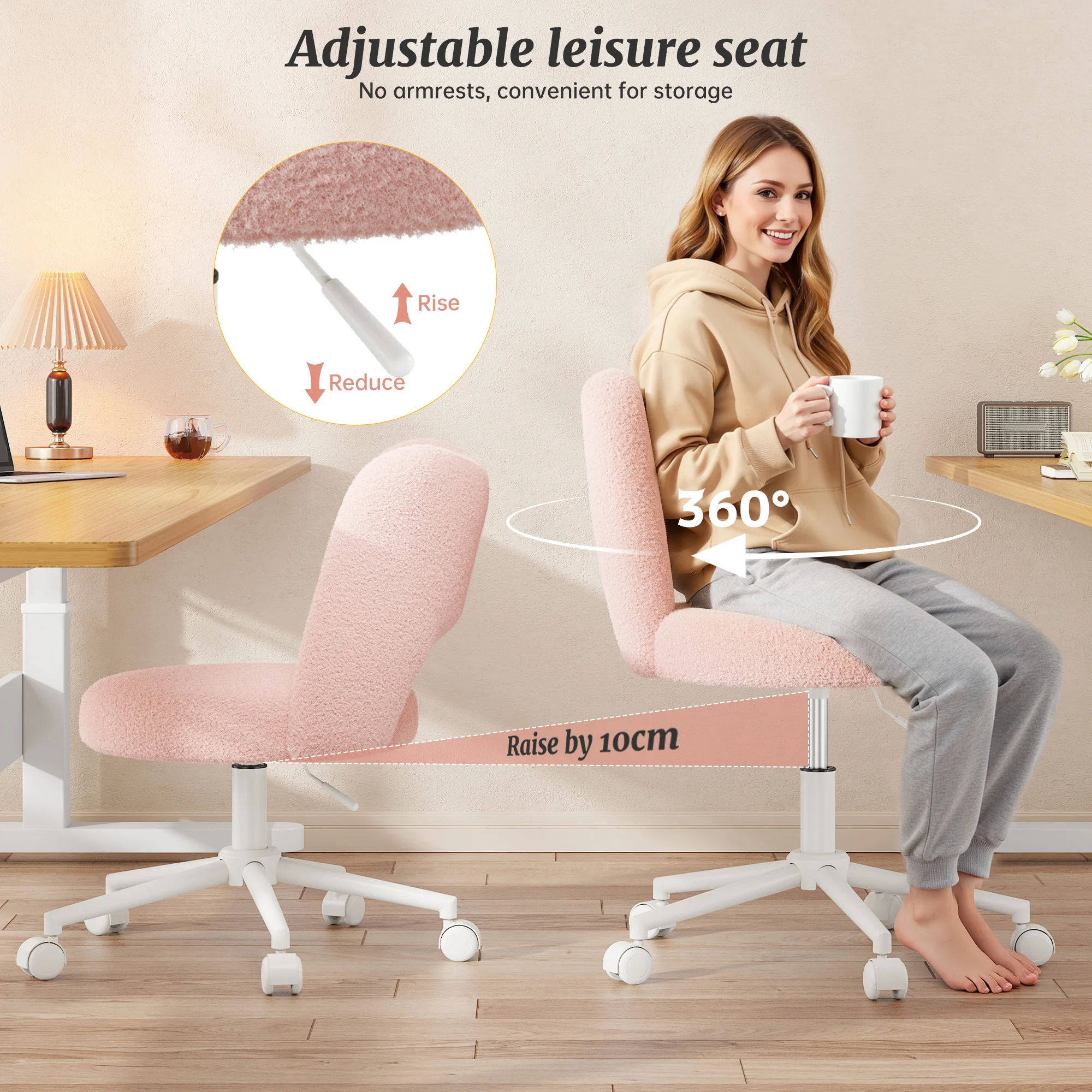 EnHomee Small Vanity Chair with Silent Wheels Black Height Adjustable Cute Teddy Fleece Desk Chair for Bedroom Make-up Room Office